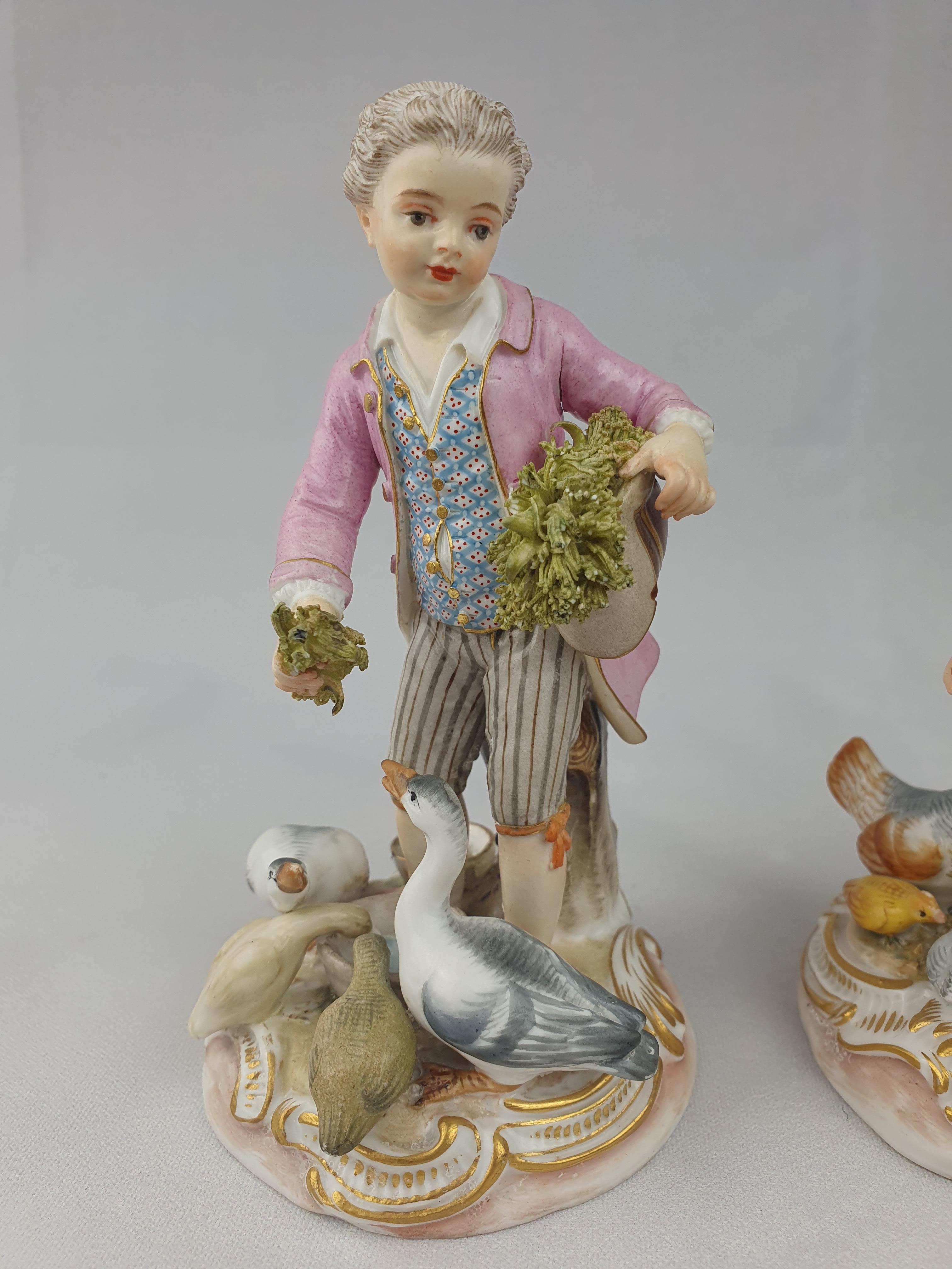 Hand-Painted Meissen Girl and Boy Feeding Chickens and Geese Pink and Blue For Sale