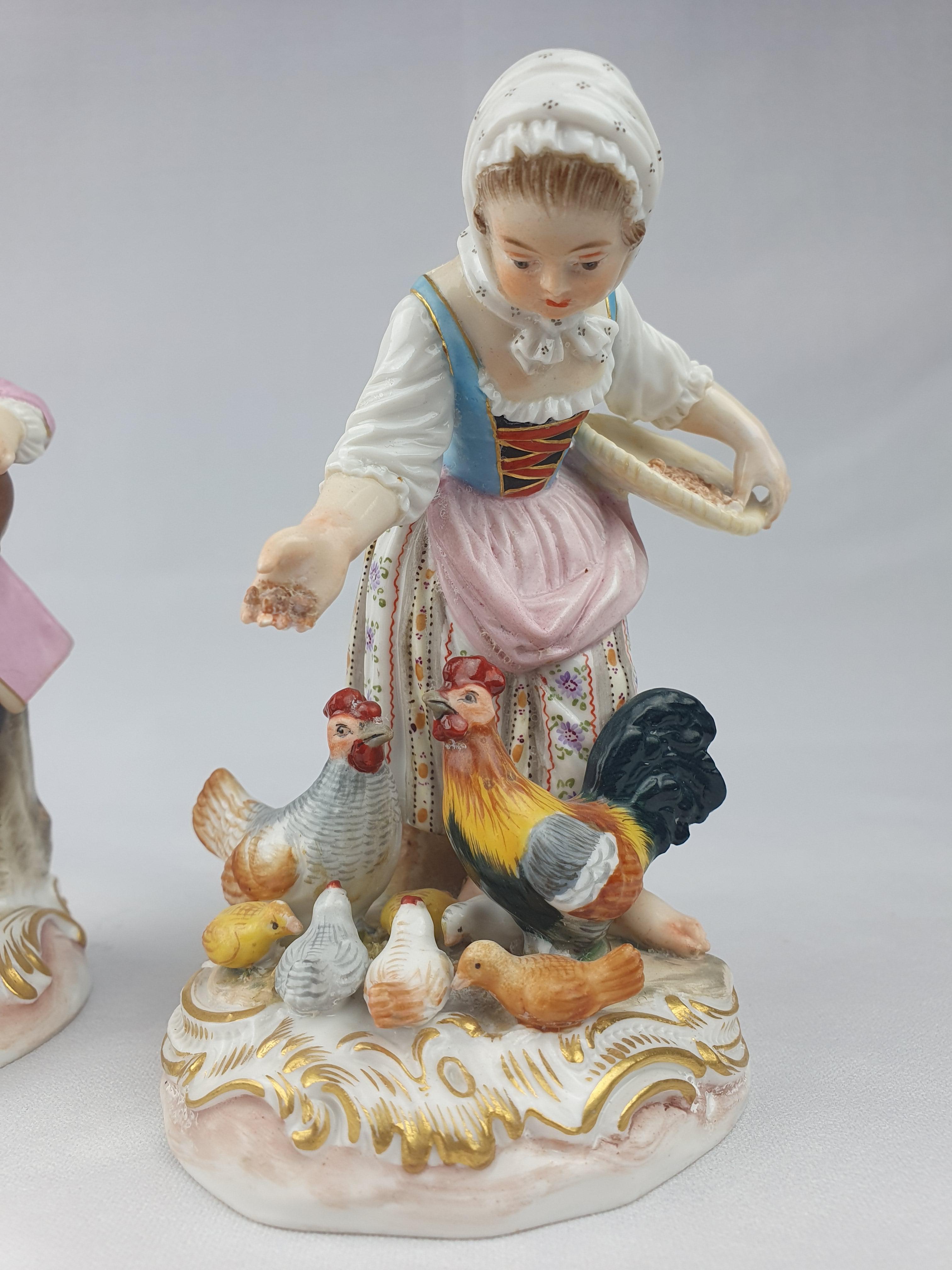 Meissen Girl and Boy Feeding Chickens and Geese Pink and Blue In Good Condition For Sale In Altrincham, GB