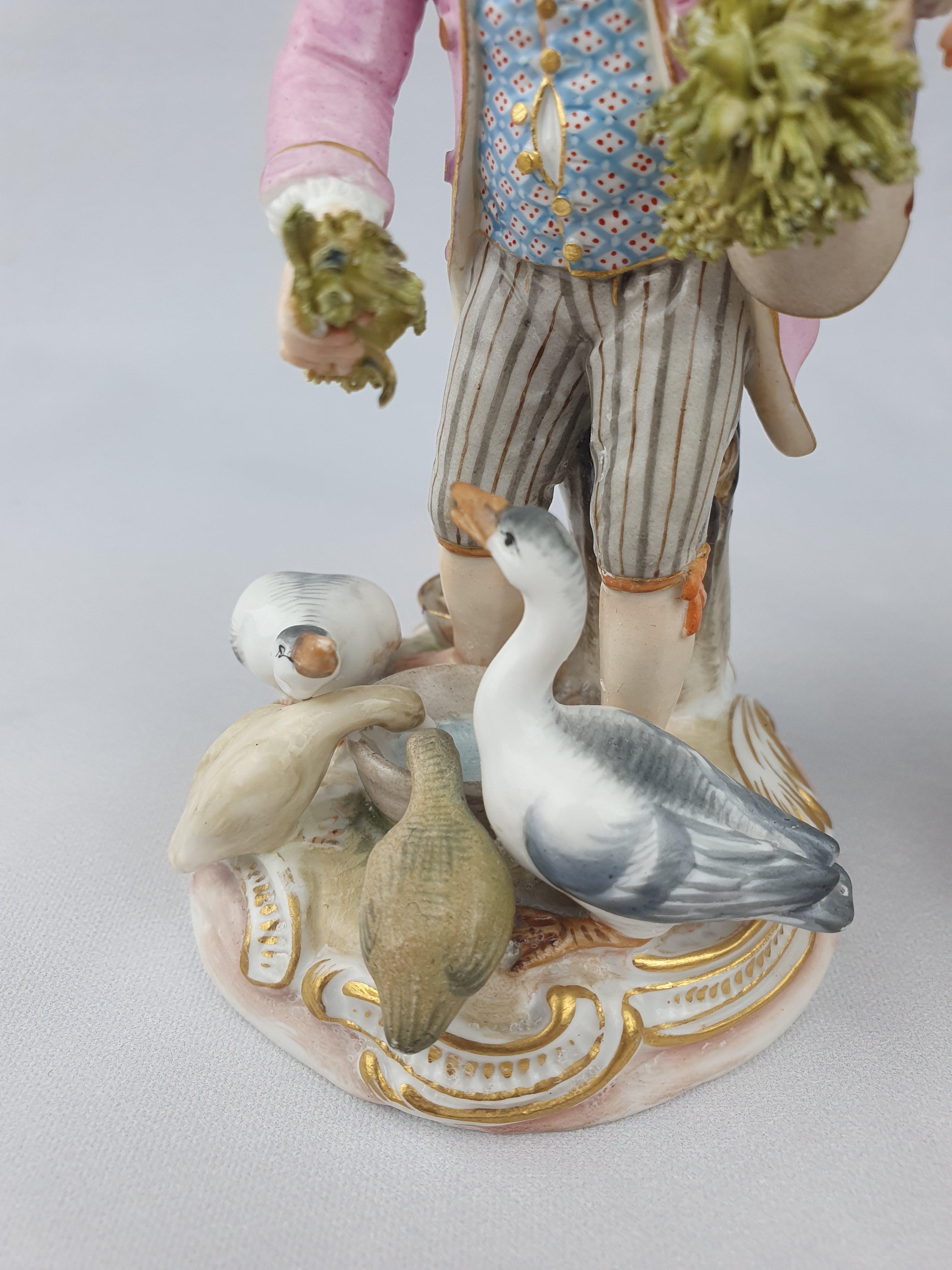 Porcelain Meissen Girl and Boy Feeding Chickens and Geese Pink and Blue For Sale