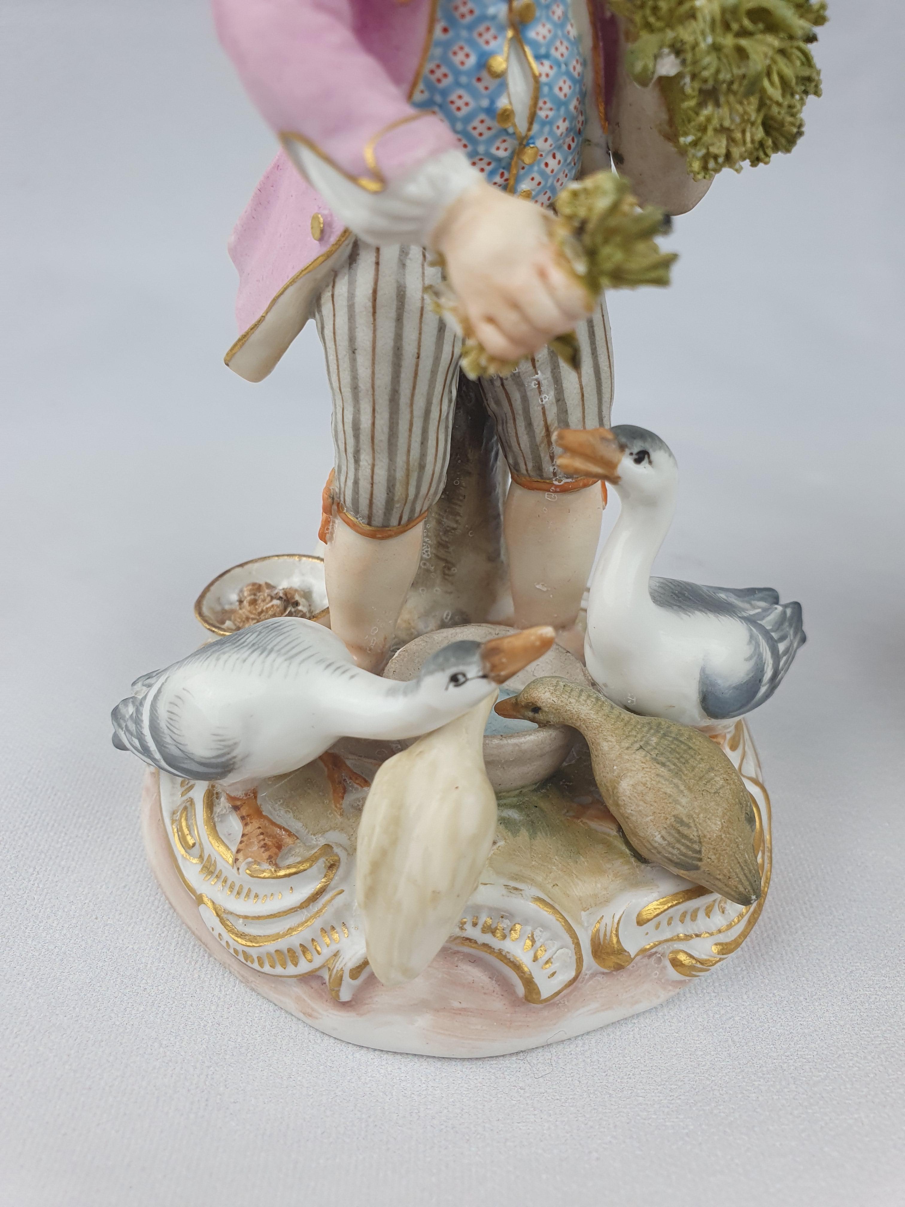 Meissen Girl and Boy Feeding Chickens and Geese Pink and Blue For Sale 1