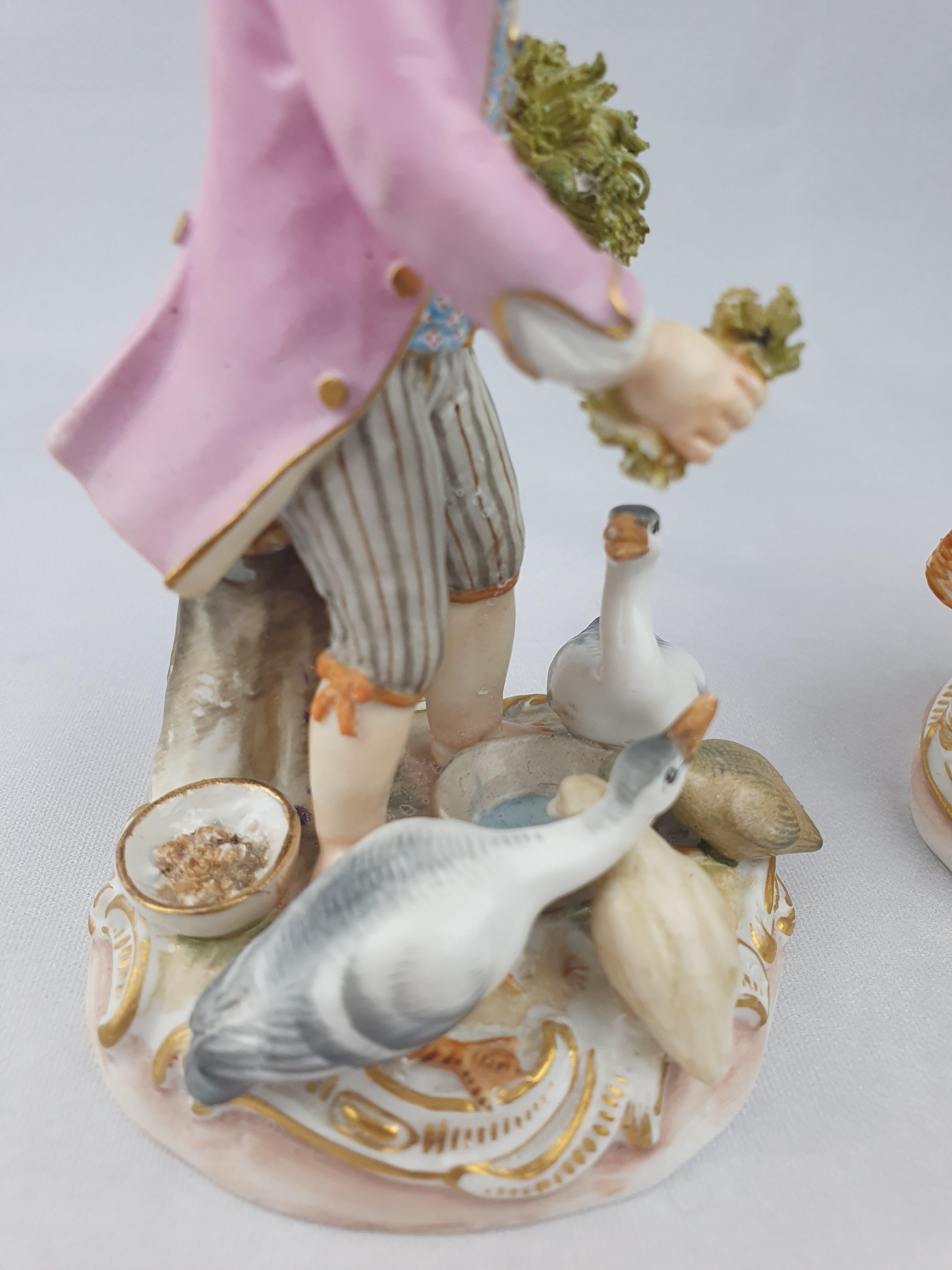 19th Century Meissen Girl and Boy Feeding Chickens and Geese Pink and Blue For Sale