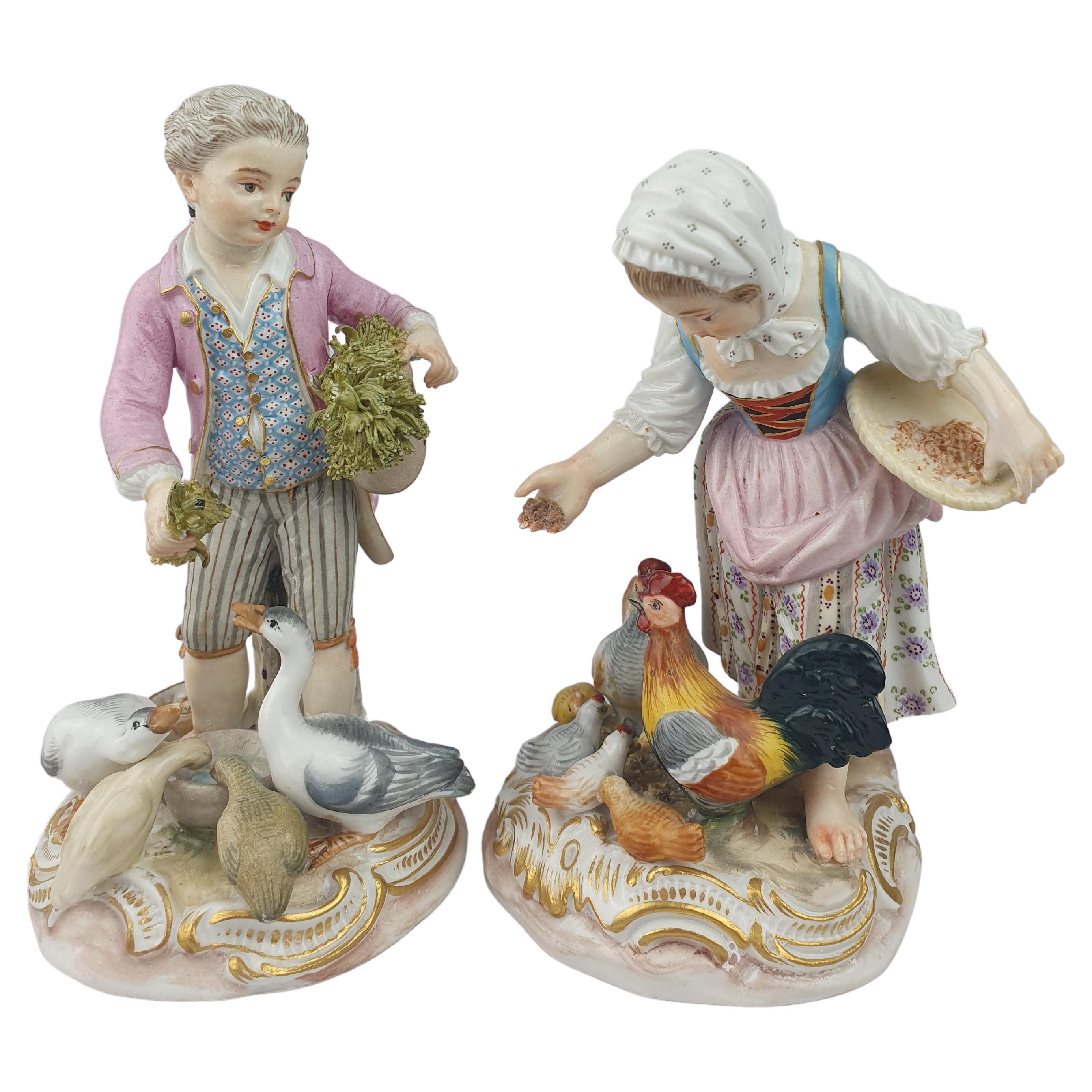 Meissen Girl and Boy Feeding Chickens and Geese Pink and Blue For Sale