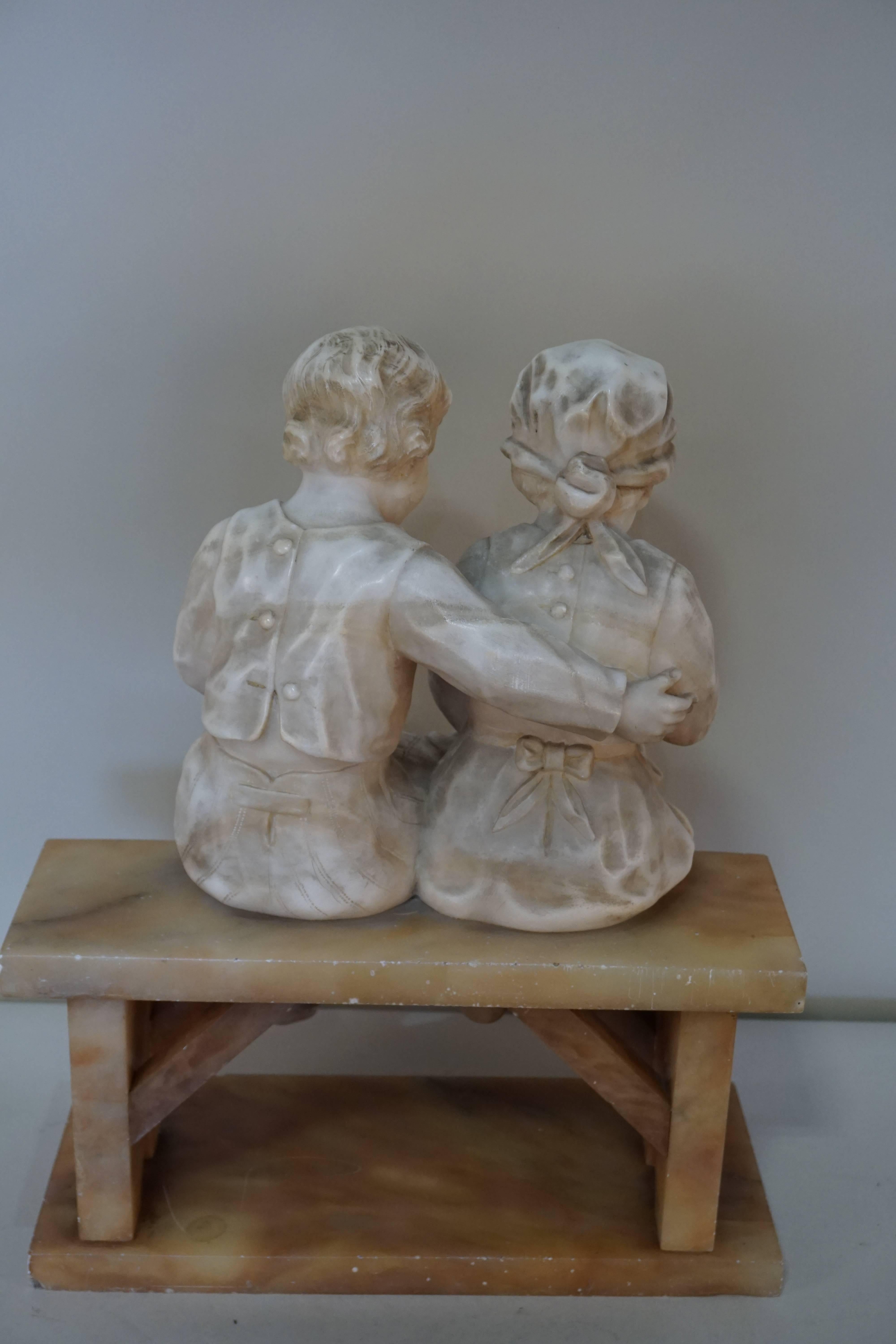 Girl and Boy Sitting on Bench Marble Sculpture 4