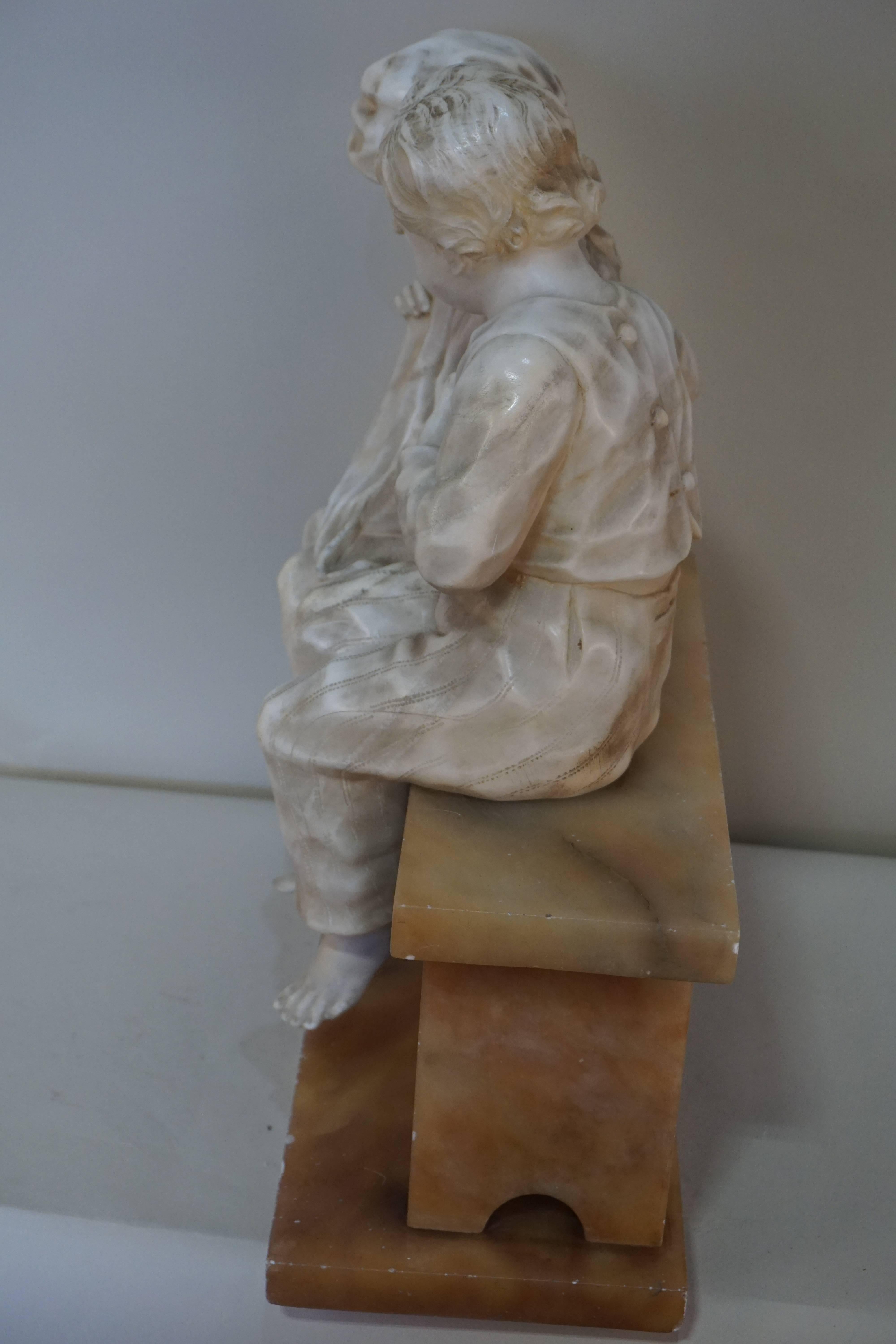 Girl and Boy Sitting on Bench Marble Sculpture 2