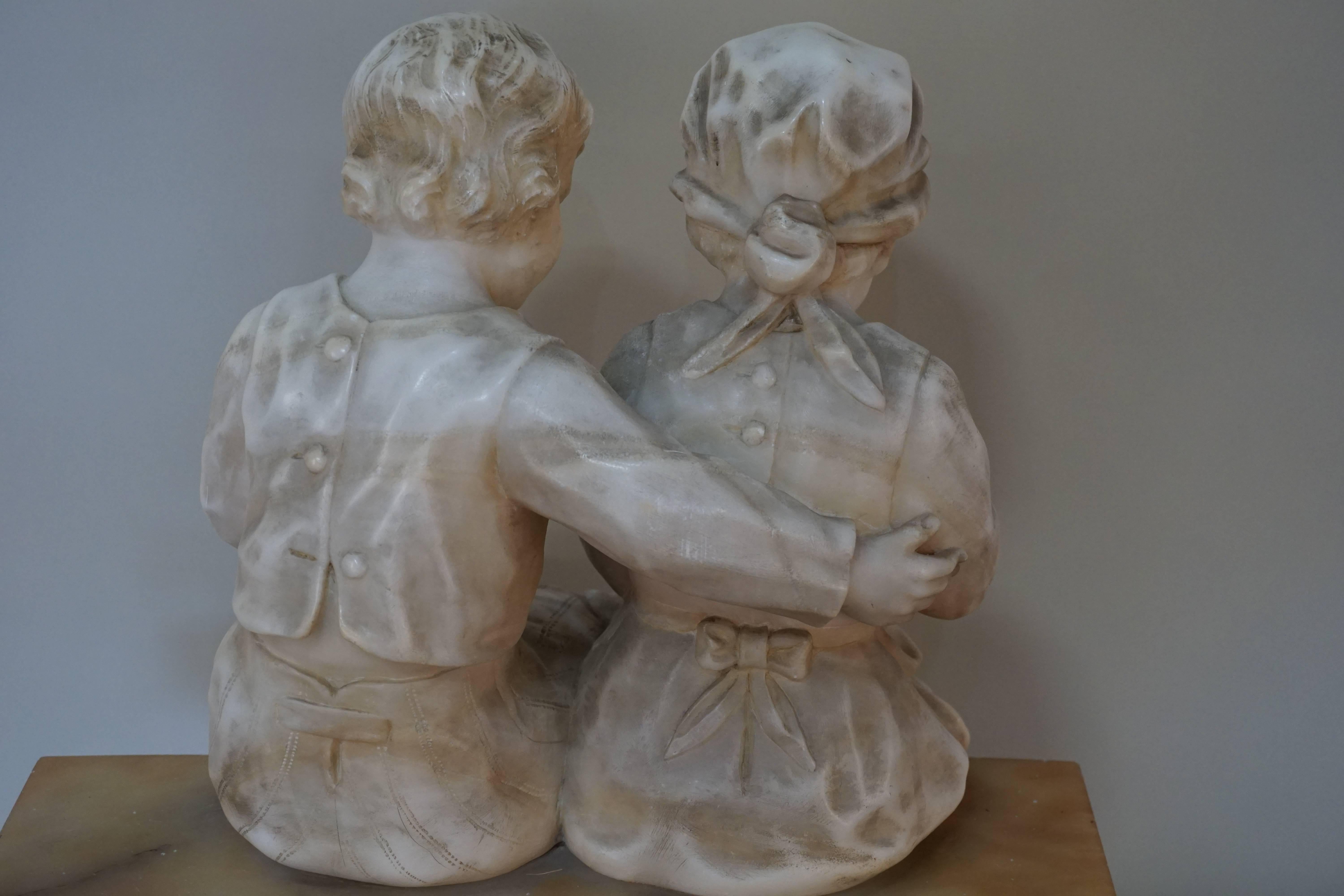 Girl and Boy Sitting on Bench Marble Sculpture 3