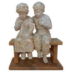 Antique Girl and Boy Sitting on Bench Marble Sculpture