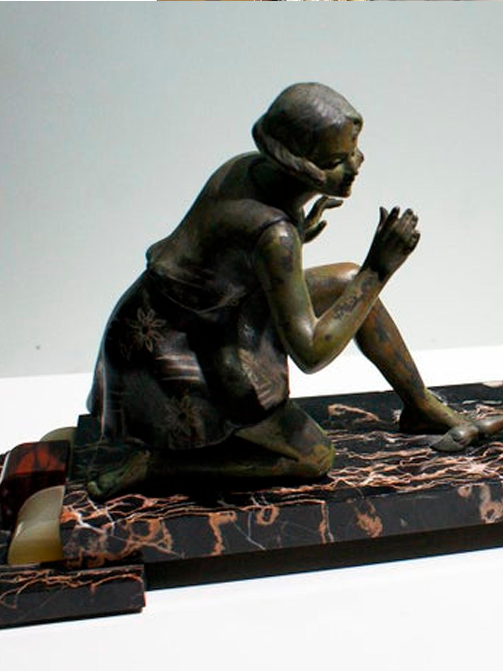 Bronze “Girl and Deer” Charming French Art Deco Sculpture For Sale