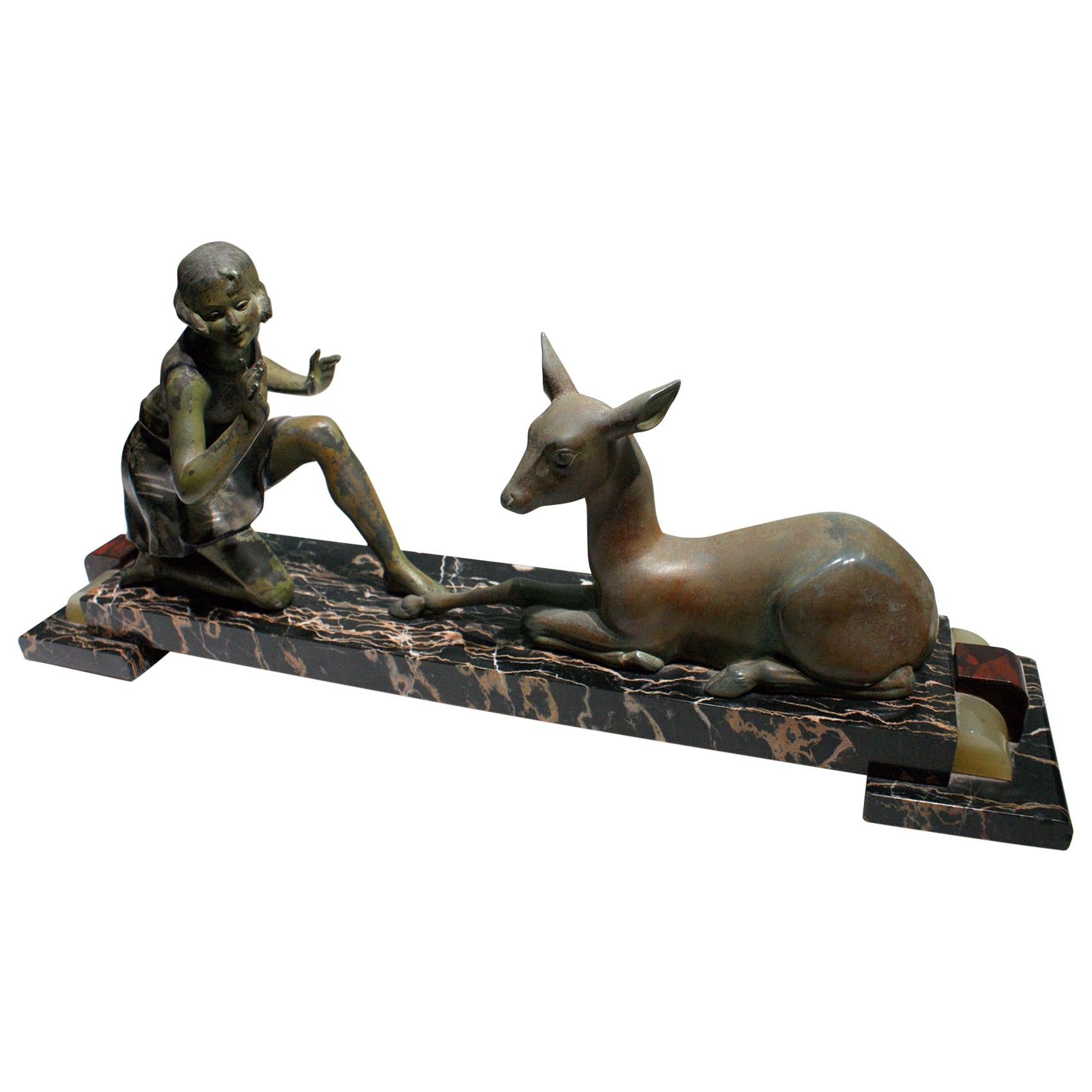 “Girl and Deer” Charming French Art Deco Sculpture For Sale