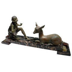 “Girl and Deer” Charming French Art Deco Sculpture