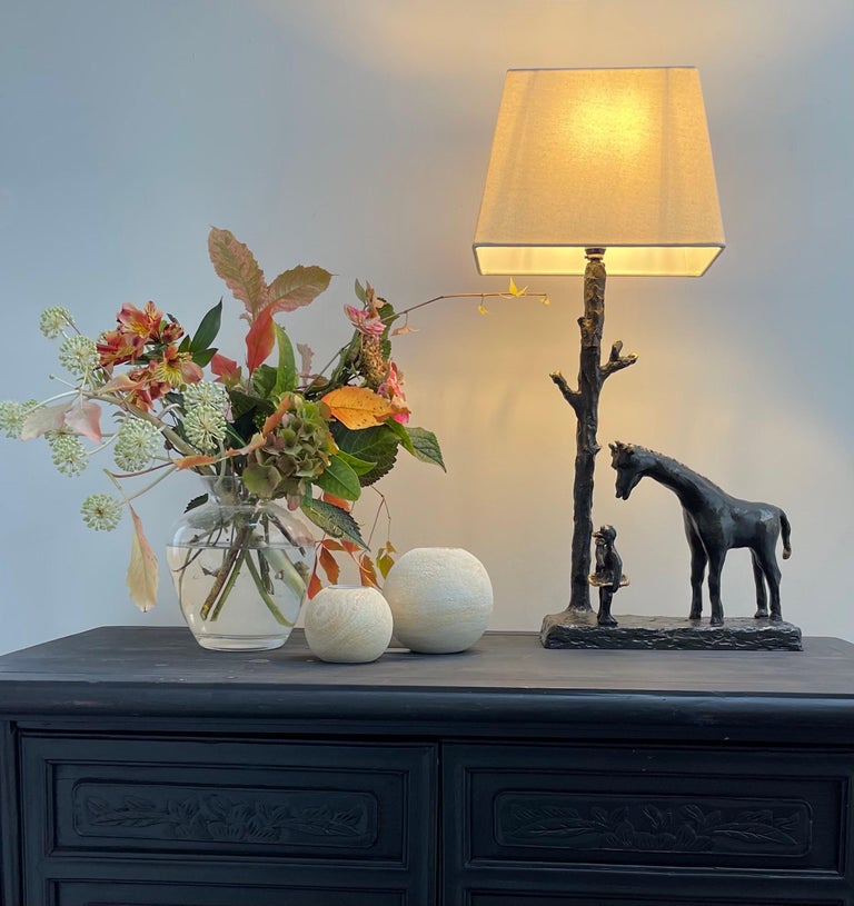 Modern Girl and Giraffe sculptural table lamp, Hand Made For Sale