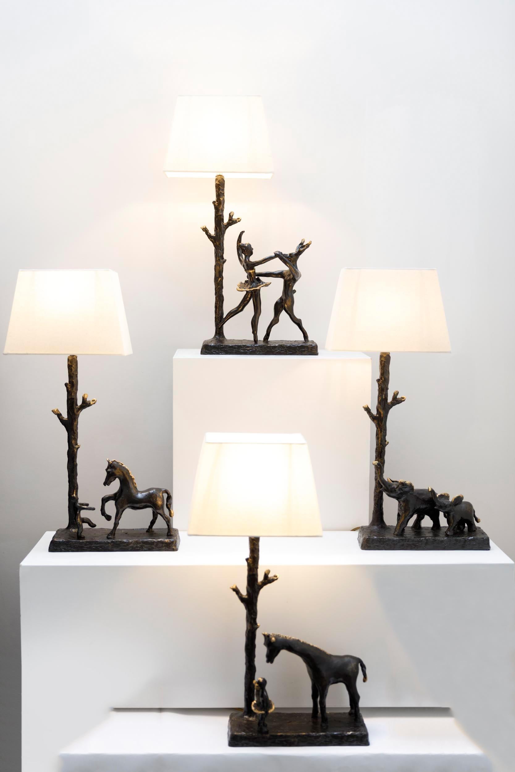 Modern 'Girl and Giraffe' sculptural table lamp, Bronze For Sale
