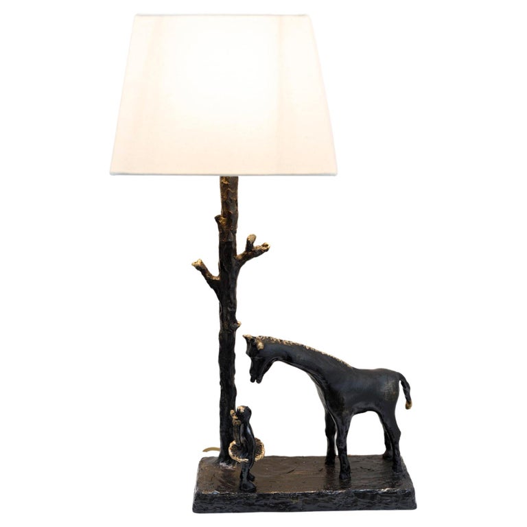 Girl and Giraffe sculptural table lamp, Hand Made For Sale