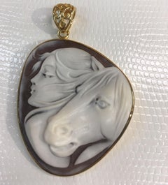 Girl and Horse Shell Cameo Rose Gold Sterling Silver Heirloom Quality Pendant