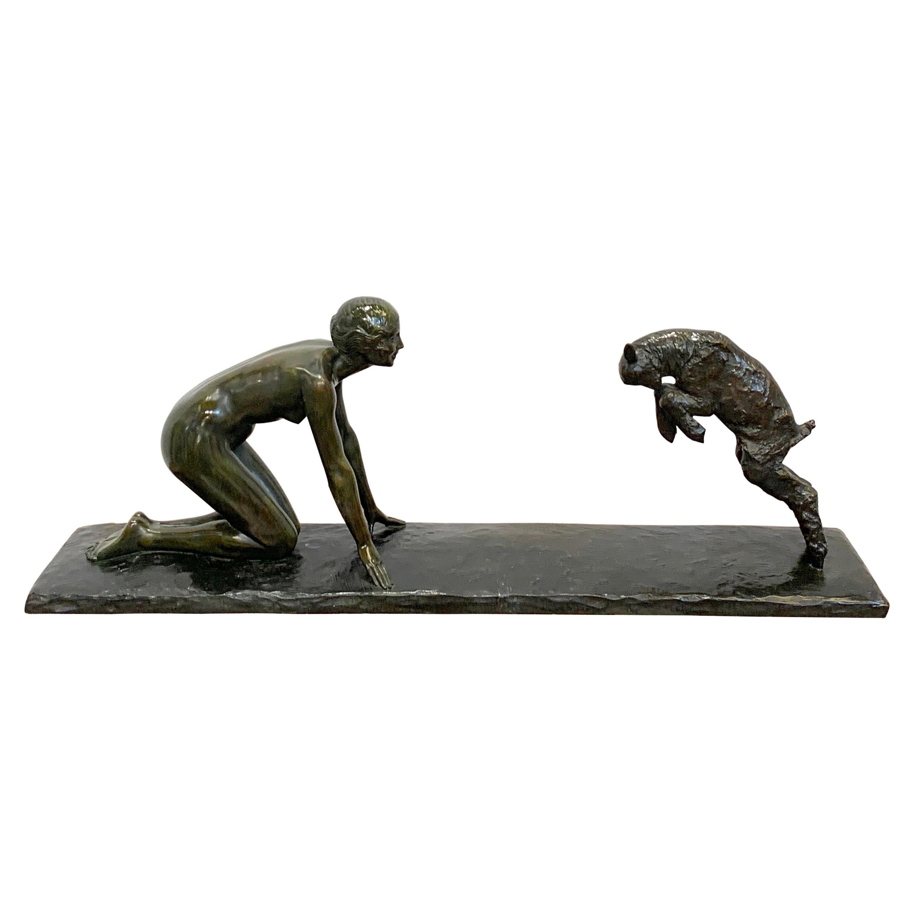 Ragazza e capra che salta di Paul Silvestre, Fonderia Susse Freres, Francia, C.C. 1925 in vendita