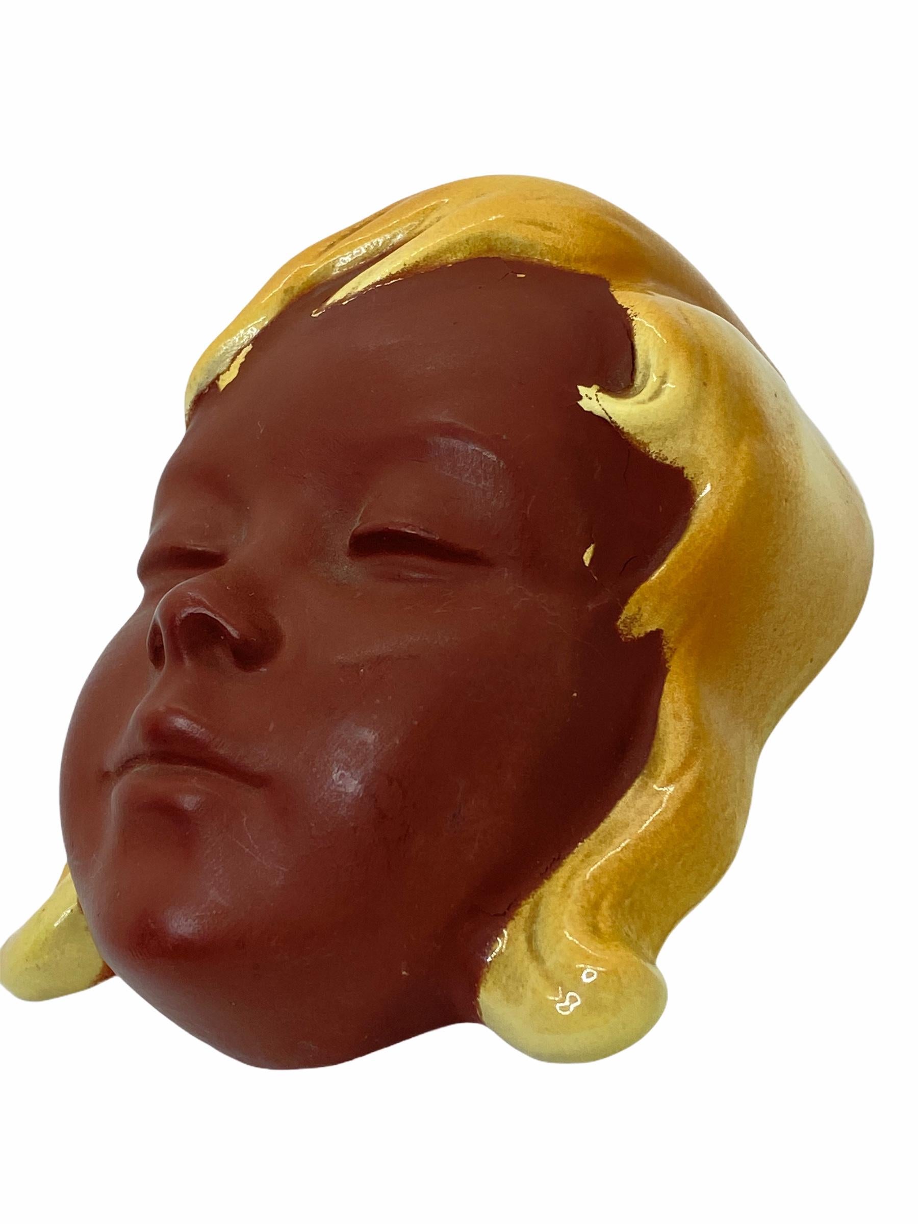 Mid-20th Century Girl Head Mask Earthenware Wall Decoration Vintage, German, 1950s For Sale
