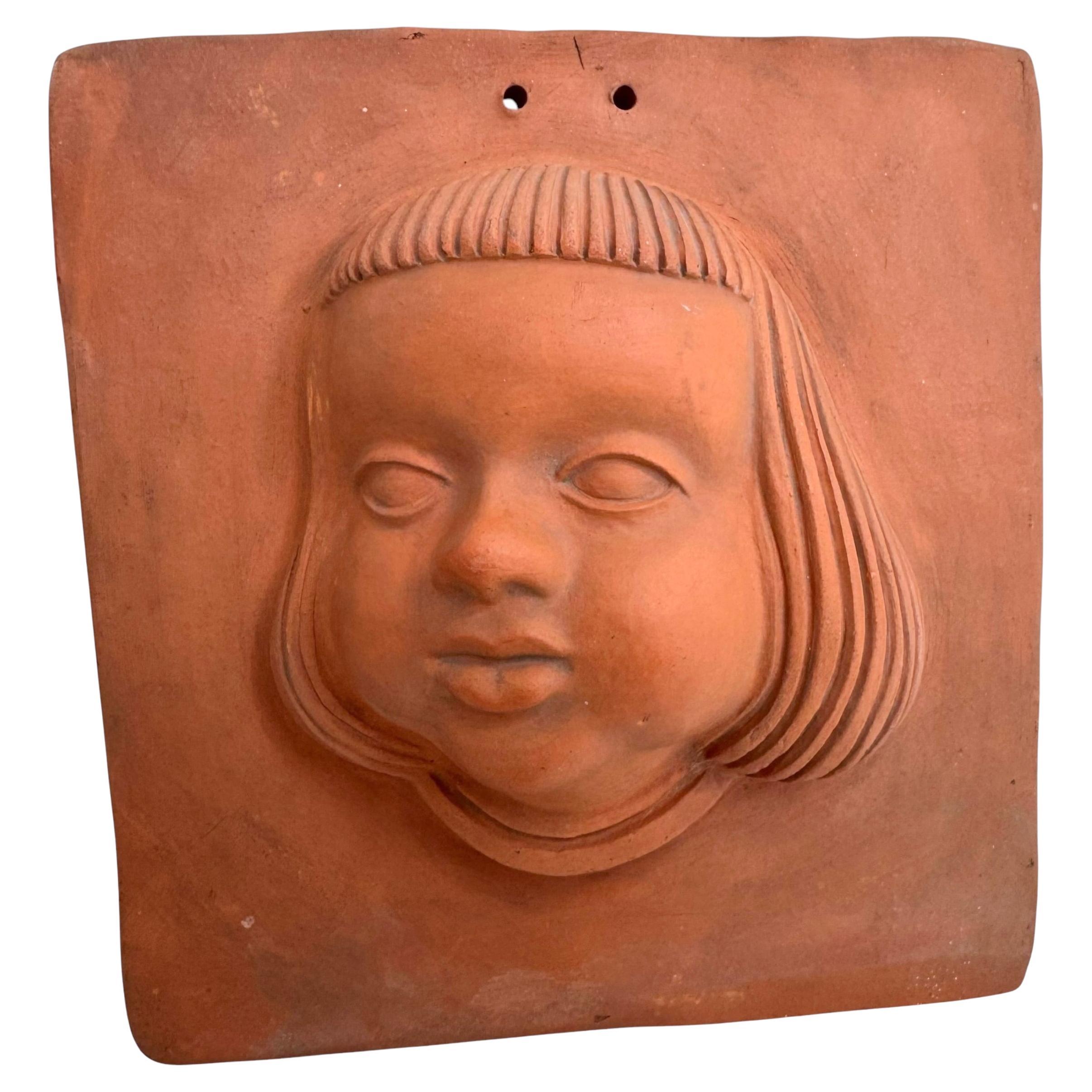 Girl Head Plaque Terracotta Wall Decoration Vintage, German, 1950s
