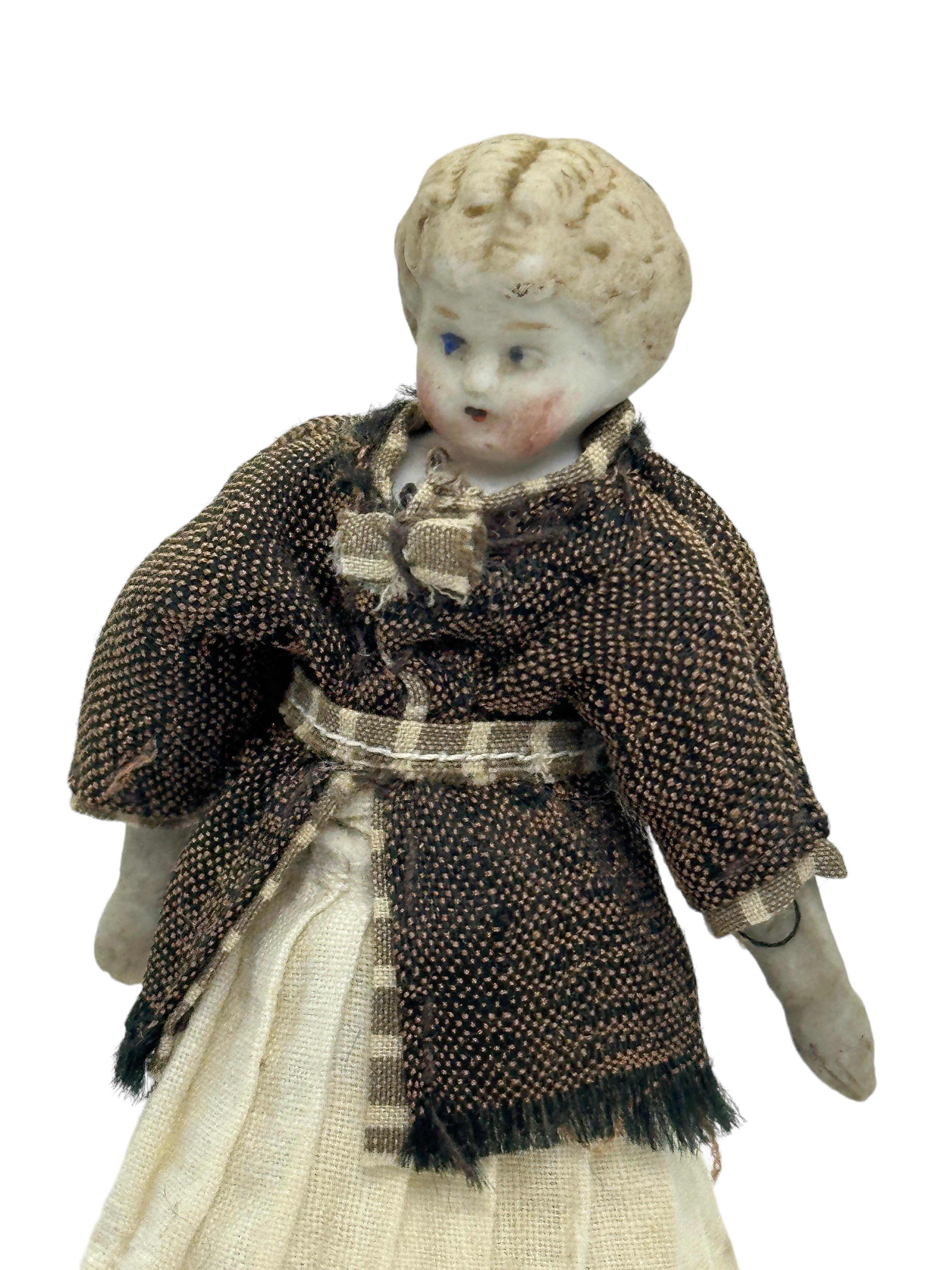 Porcelain Girl in beautiful Dress, Antique German Dollhouse Doll Toy 1900s For Sale