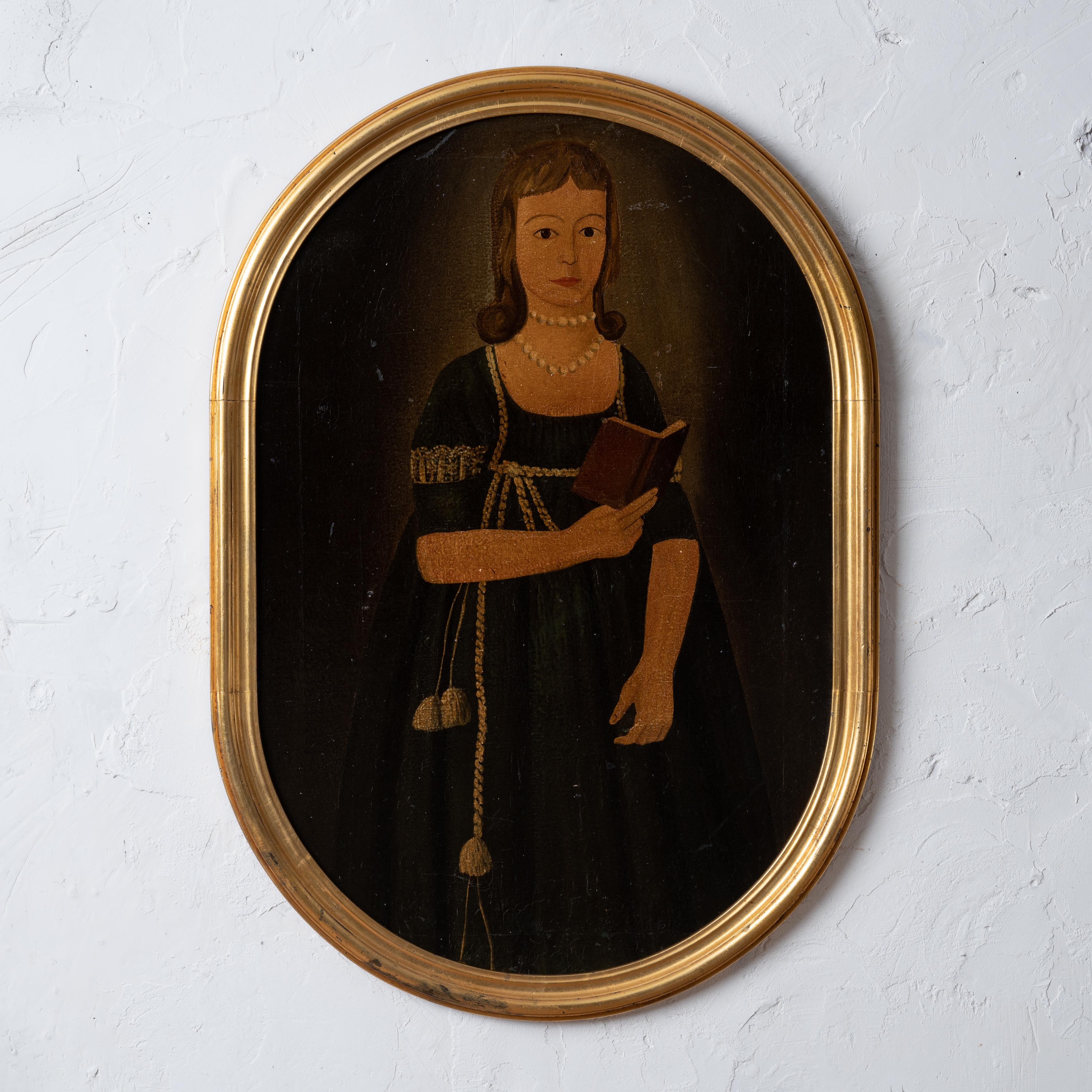 The Girl in Green, a portrait painting after John Brewster, Jr., 20th century.
Oil on board, in gilt oval frame.

22 ½ by 32 ¼ inches

