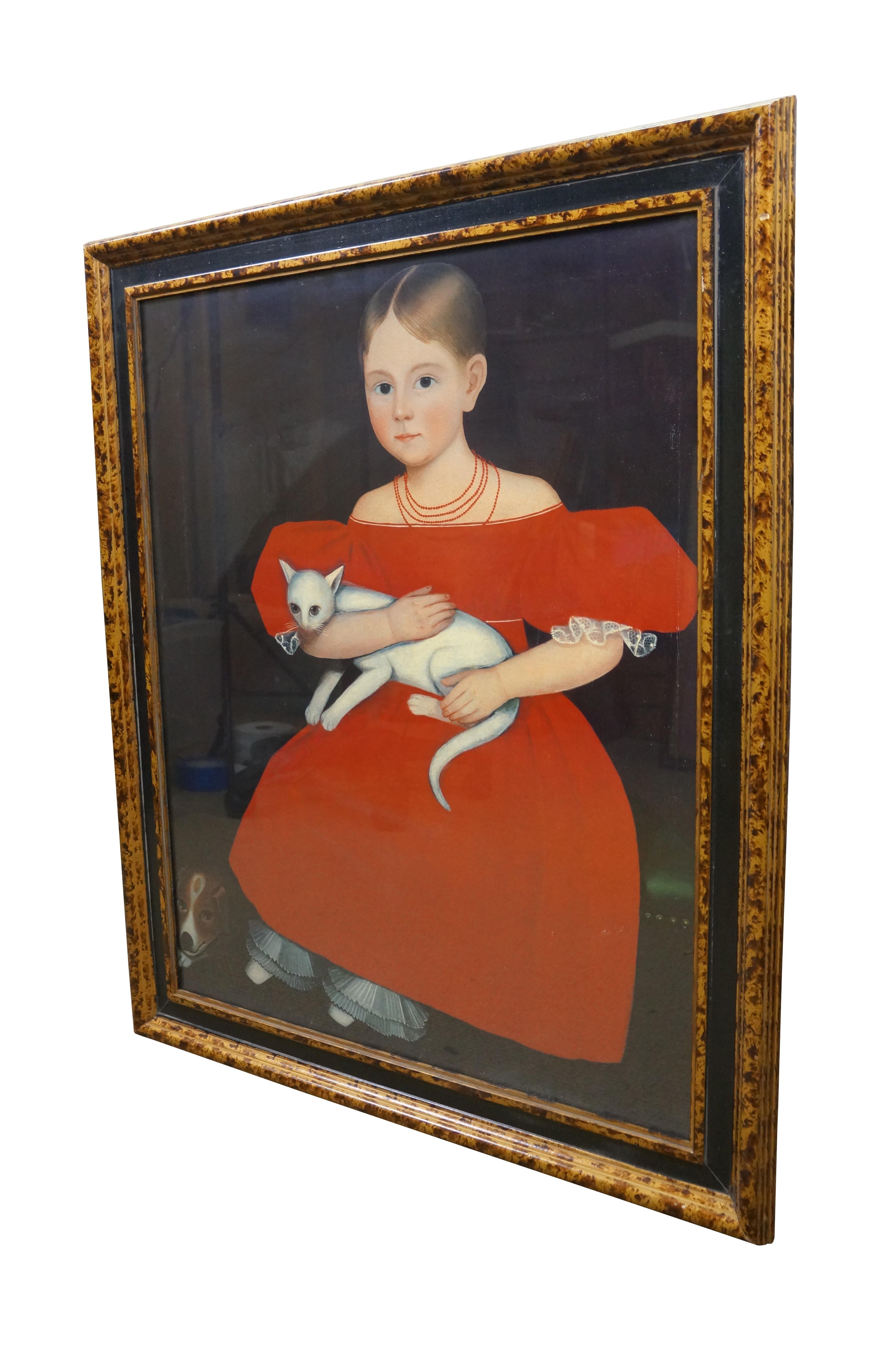 Classique américain Fille en robe rouge avec chat et chien d'après Ammi Phillips Peint en écaille 33