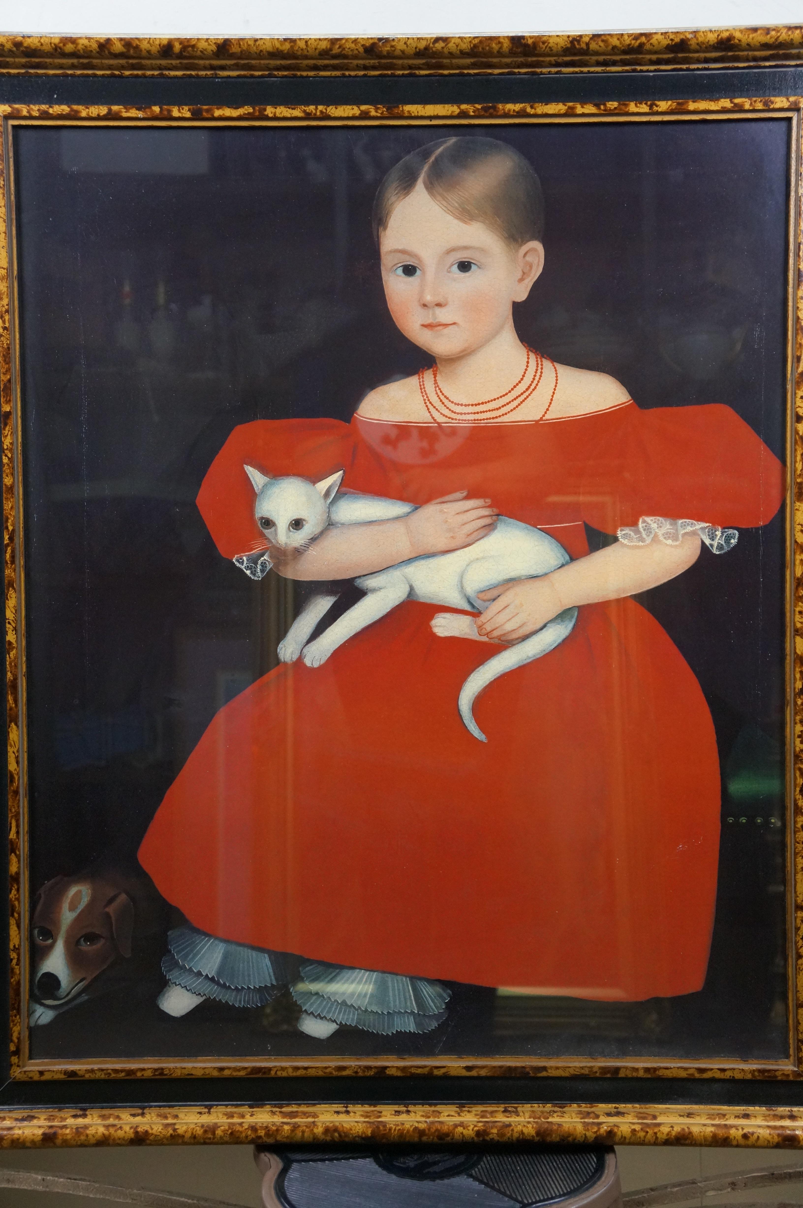 20ième siècle Fille en robe rouge avec chat et chien d'après Ammi Phillips Peint en écaille 33