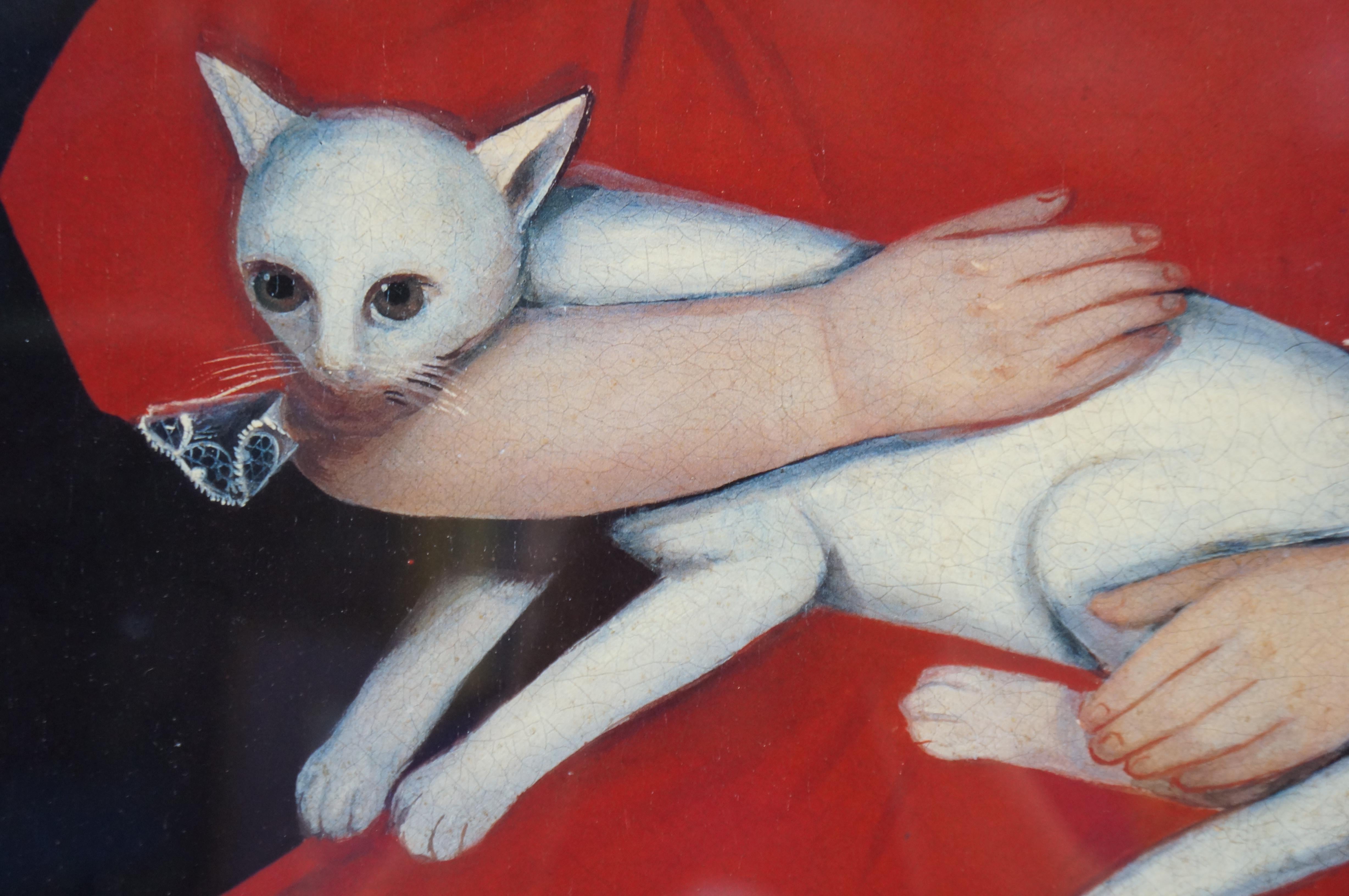 Fille en robe rouge avec chat et chien d'après Ammi Phillips Peint en écaille 33