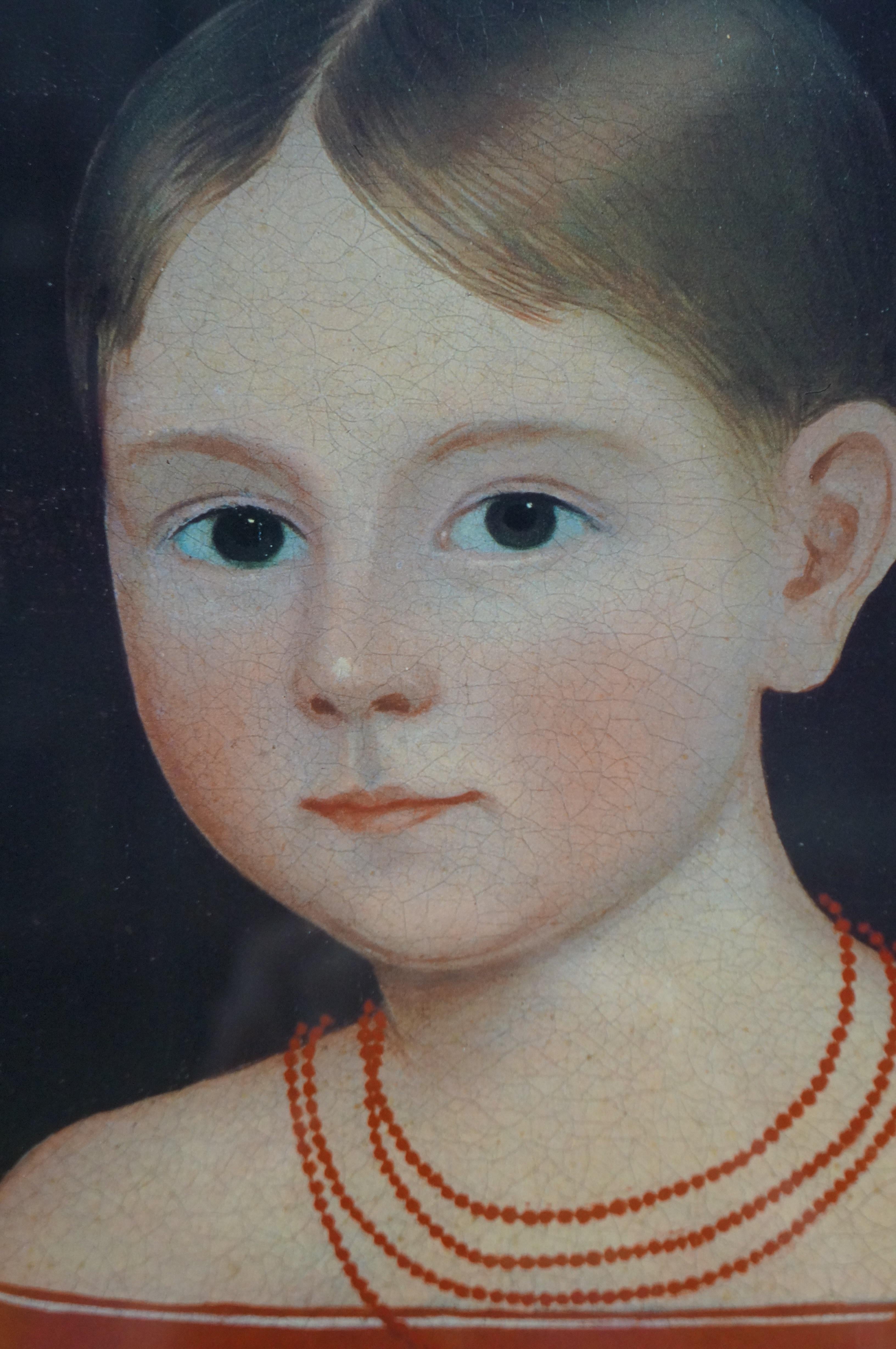 Fille en robe rouge avec chat et chien d'après Ammi Phillips Peint en écaille 33