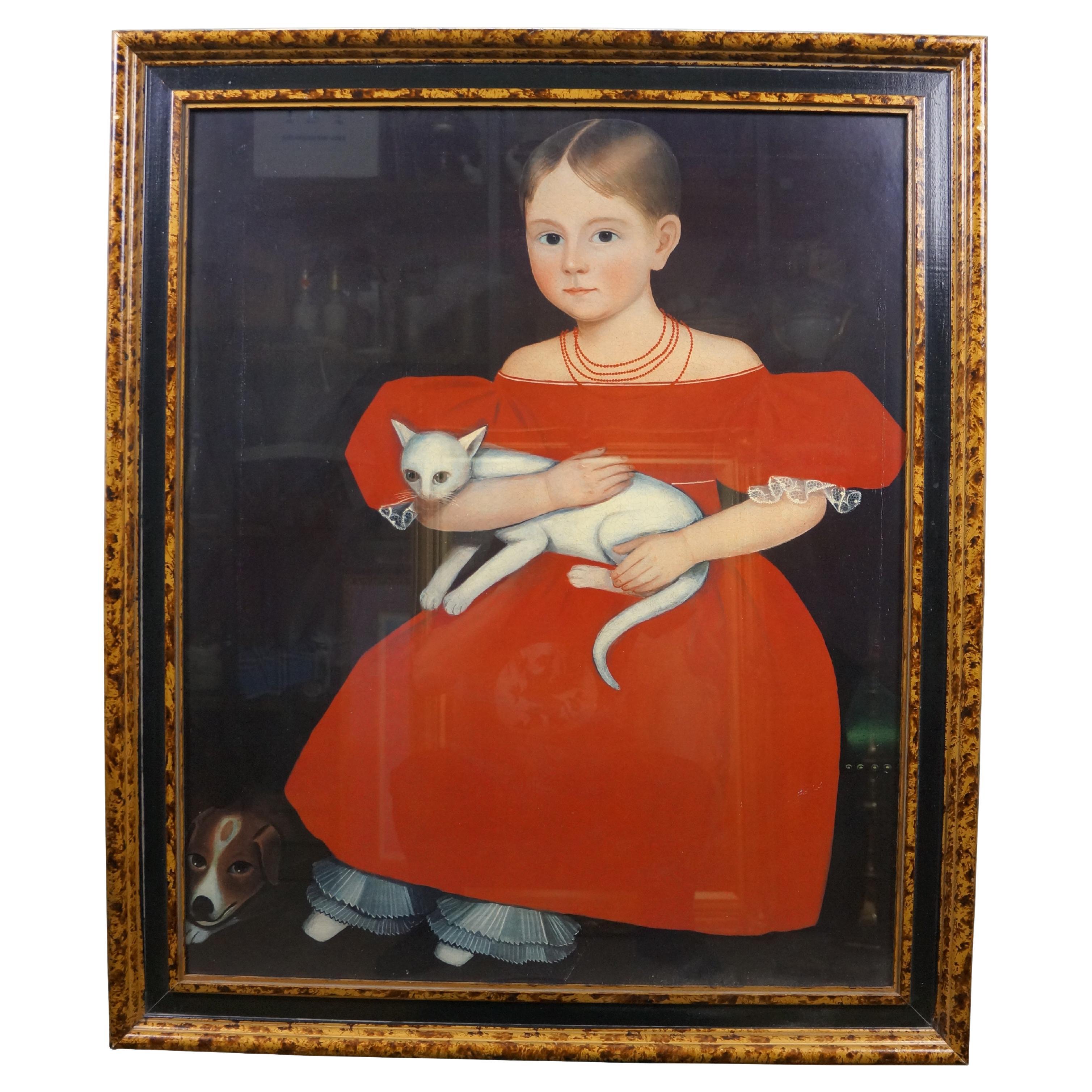Fille en robe rouge avec chat et chien d'après Ammi Phillips Peint en écaille 33". en vente