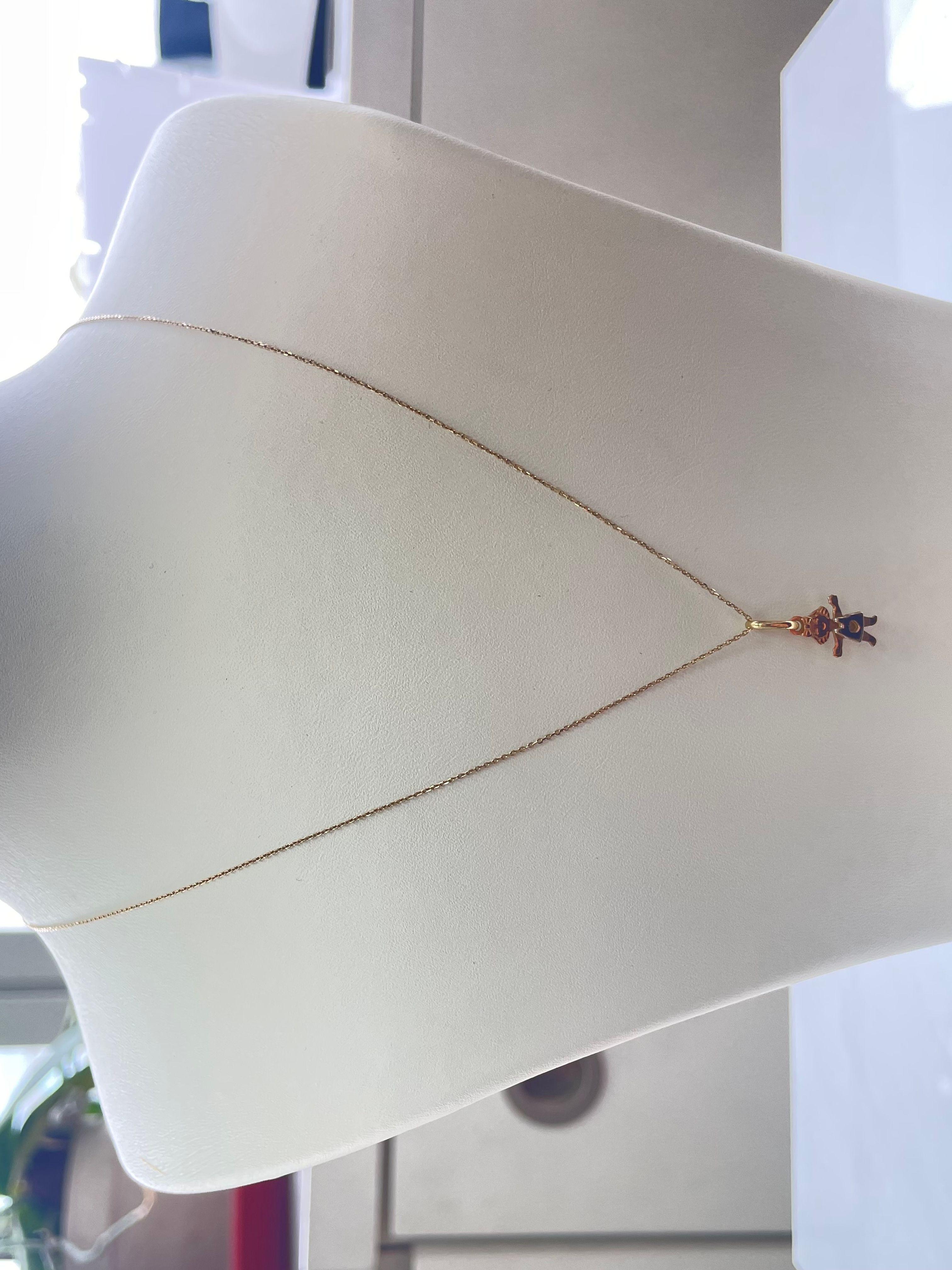 Jewelry Yellow Gold 14k  (the gold has been tested by a professional)
Total Metal Weight: 1.05 g
Size: Pendant: 11.82 x 8.08 mm 
         Necklace: 45 cm             

Feel free to contact us for inquiries and consultation and special requests.
The
