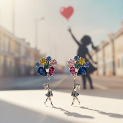 Girl on Balloons 14k gold Earrings Studs. Sapphires earrings in 14k gold.