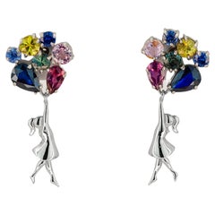 Girl on Balloons 14k gold Earrings Studs. Sapphires earrings in 14k gold.