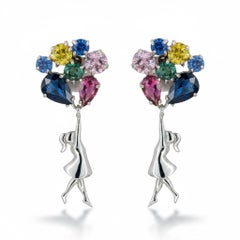 Girl on Balloons 14k gold Earrings Studs. Sapphires earrings in 14k gold.