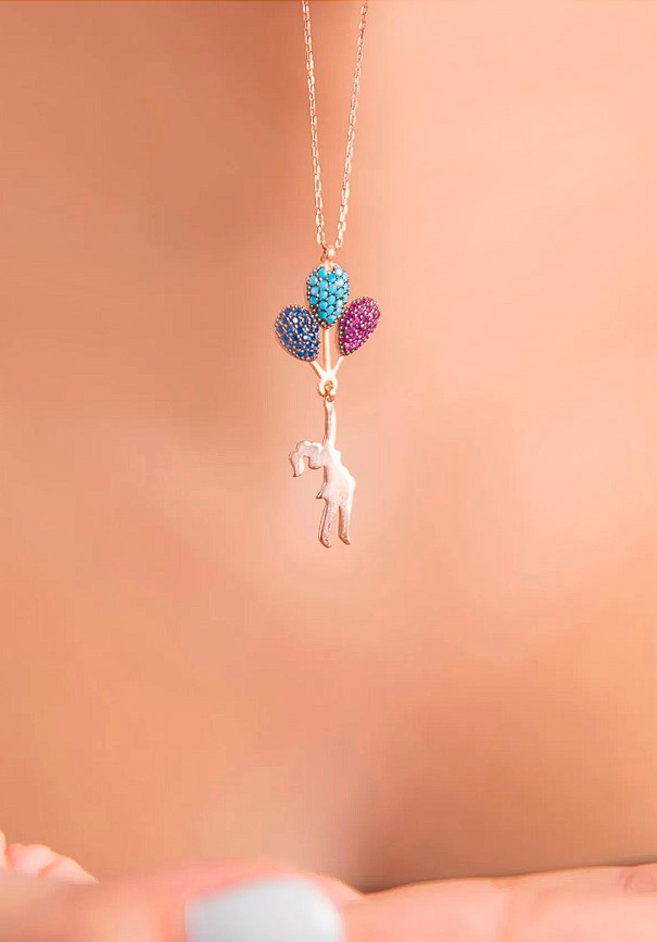 Modern Girl on baloons pendant necklace in 14k gold For Sale