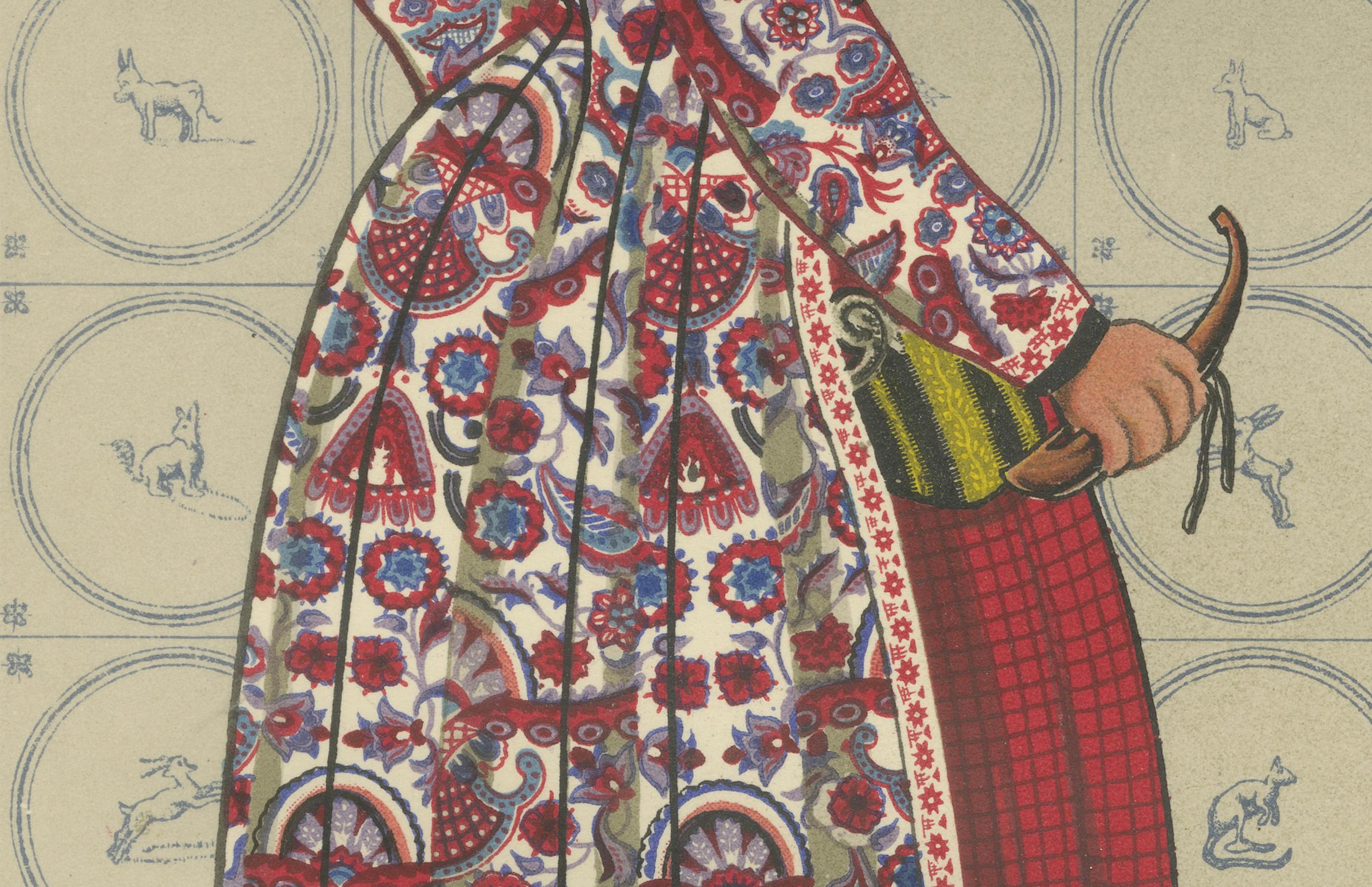 Girl on Hindeloopen Sleigh in Dutch Winter Dress, 1932

This exquisite hand-colored lithograph, titled “Plate I: Hindeloopen,” originates from the rare 1932 folio 'The National Costumes of Holland', created by Gratiane de Gardilanne and Elizabeth
