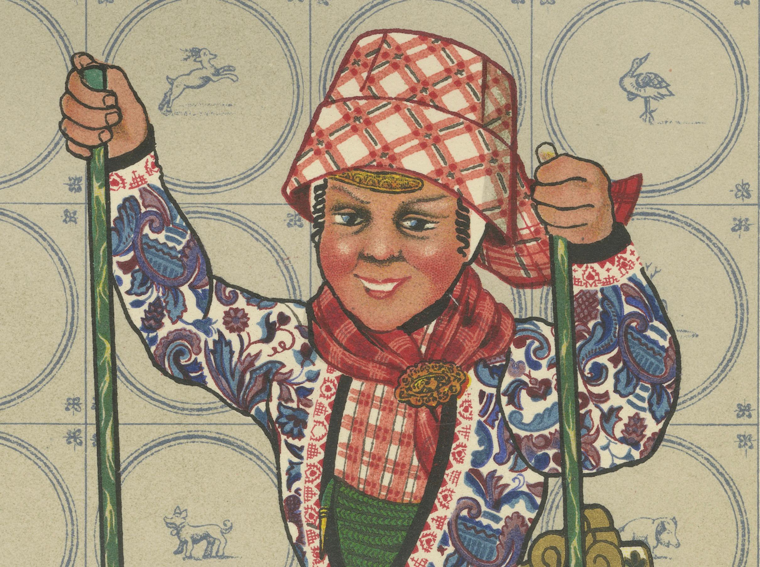Girl on Hindeloopen Sleigh in Dutch Winter Dress, Hand-colored Lithograph - 1932 In Good Condition For Sale In Langweer, NL