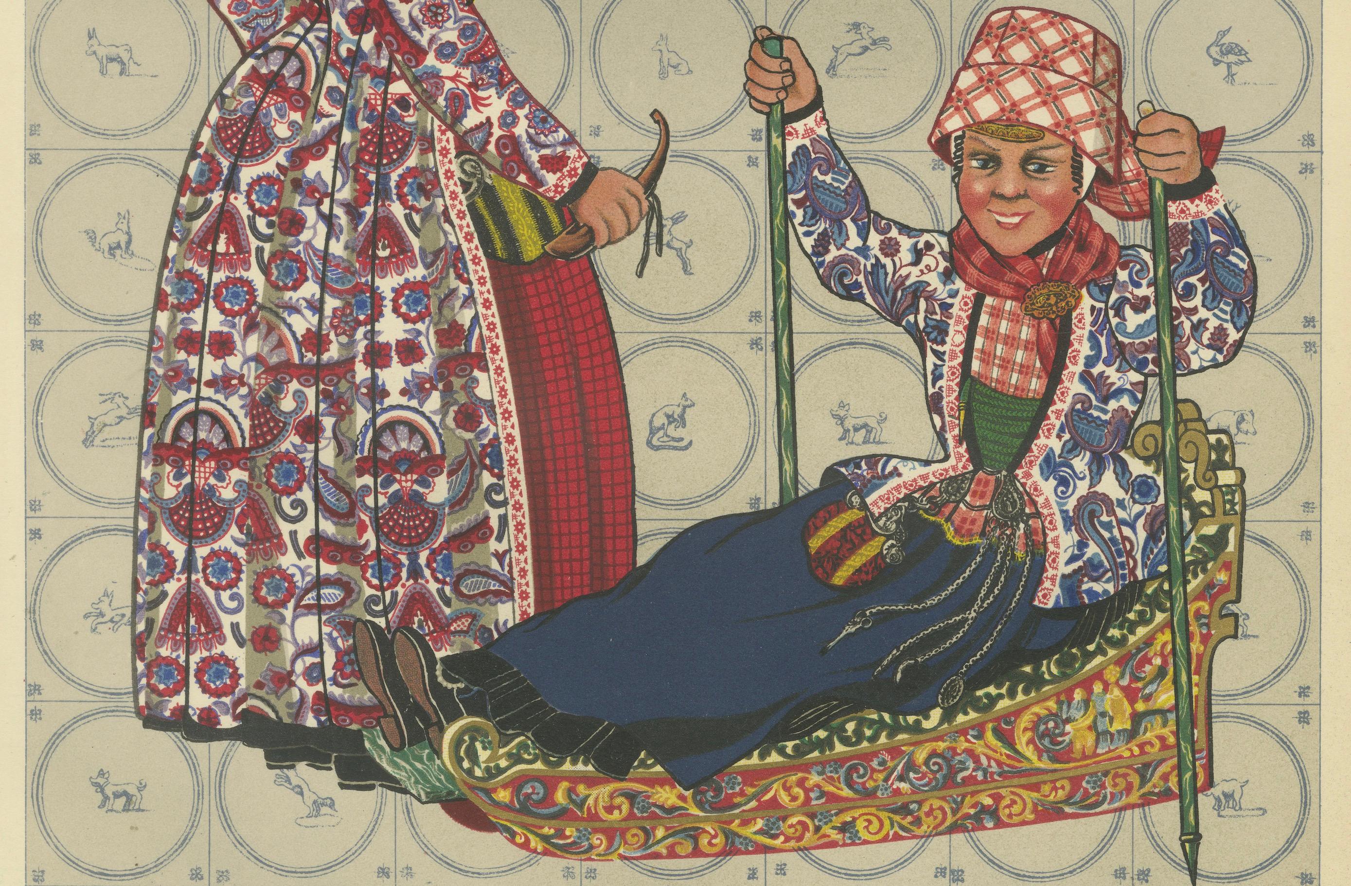 Mid-20th Century Girl on Hindeloopen Sleigh in Dutch Winter Dress, Hand-colored Lithograph - 1932 For Sale