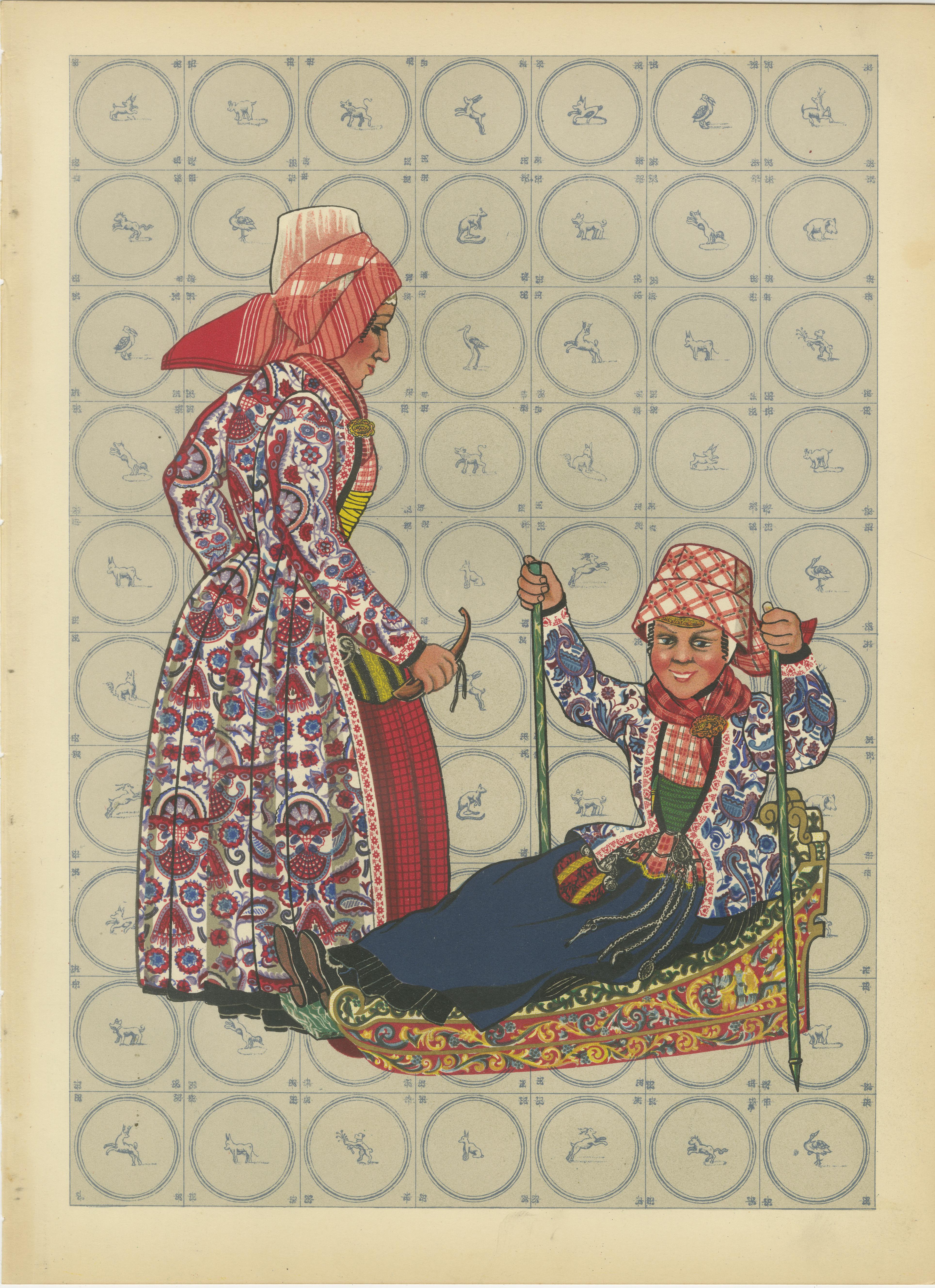 Girl on Hindeloopen Sleigh in Dutch Winter Dress, Hand-colored Lithograph - 1932 For Sale 1