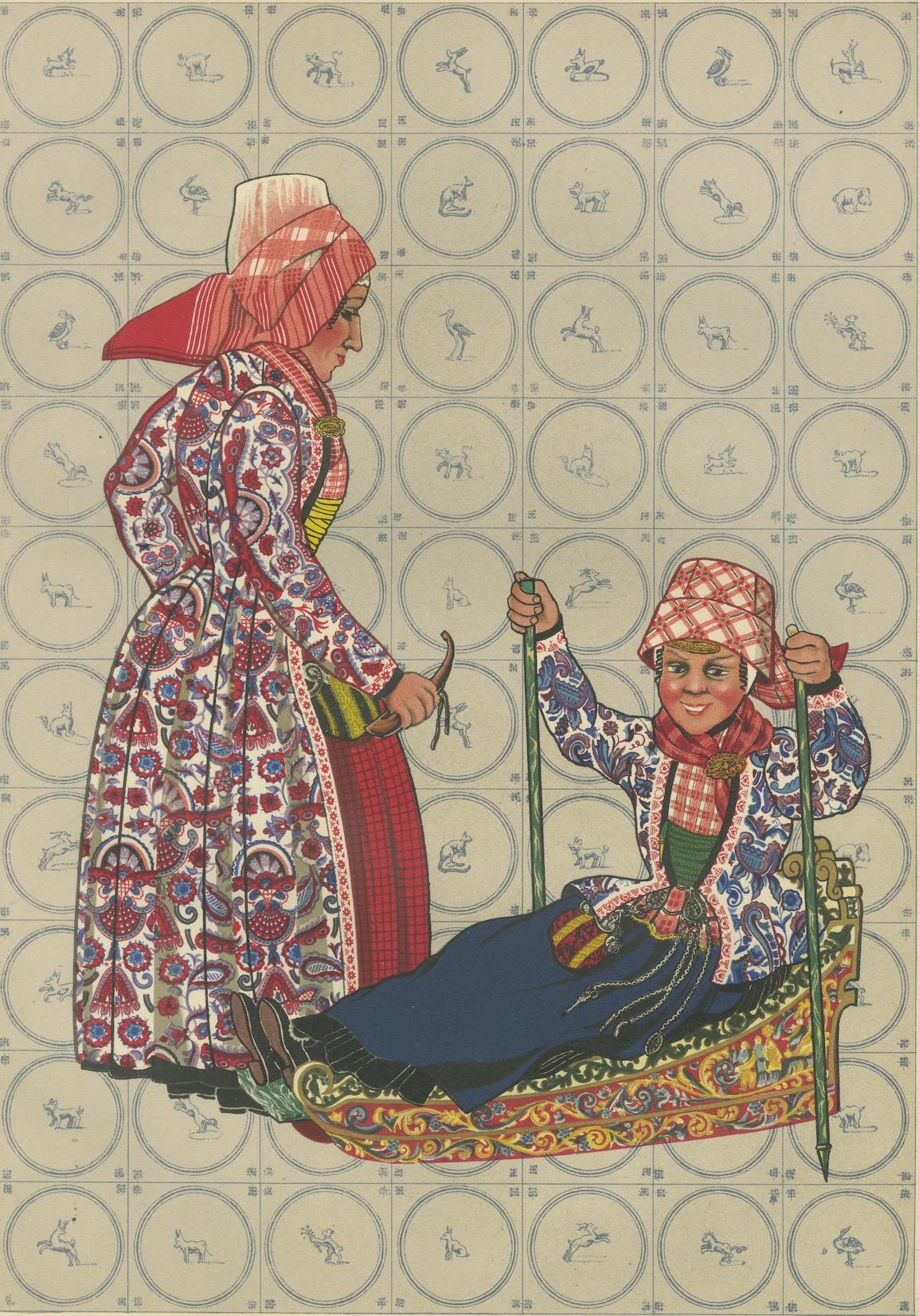 Girl on Hindeloopen Sleigh in Dutch Winter Dress, Hand-colored Lithograph - 1932 For Sale 2