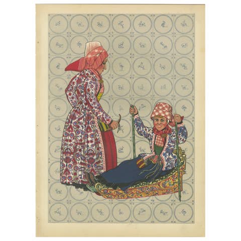 Girl on Hindeloopen Sleigh in Dutch Winter Dress, Hand-colored Lithograph - 1932