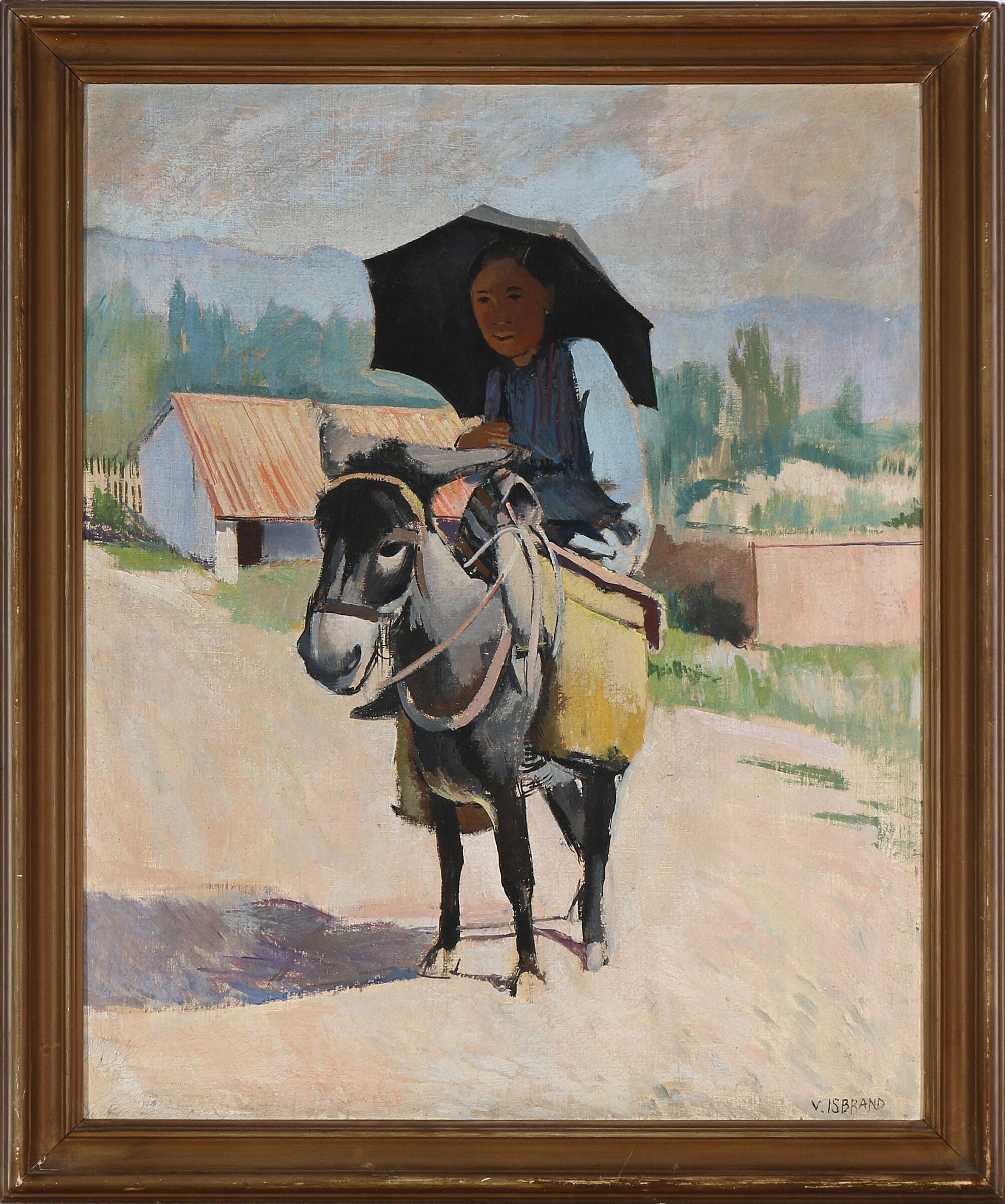 Girl in Java, riding on the donkey by Danish artist Victor. Isbrand, signed. Oil on canvas. Size: 86 × 69 cm.

Victor Isbrand (b. København 1897, d. s.p. 1989).