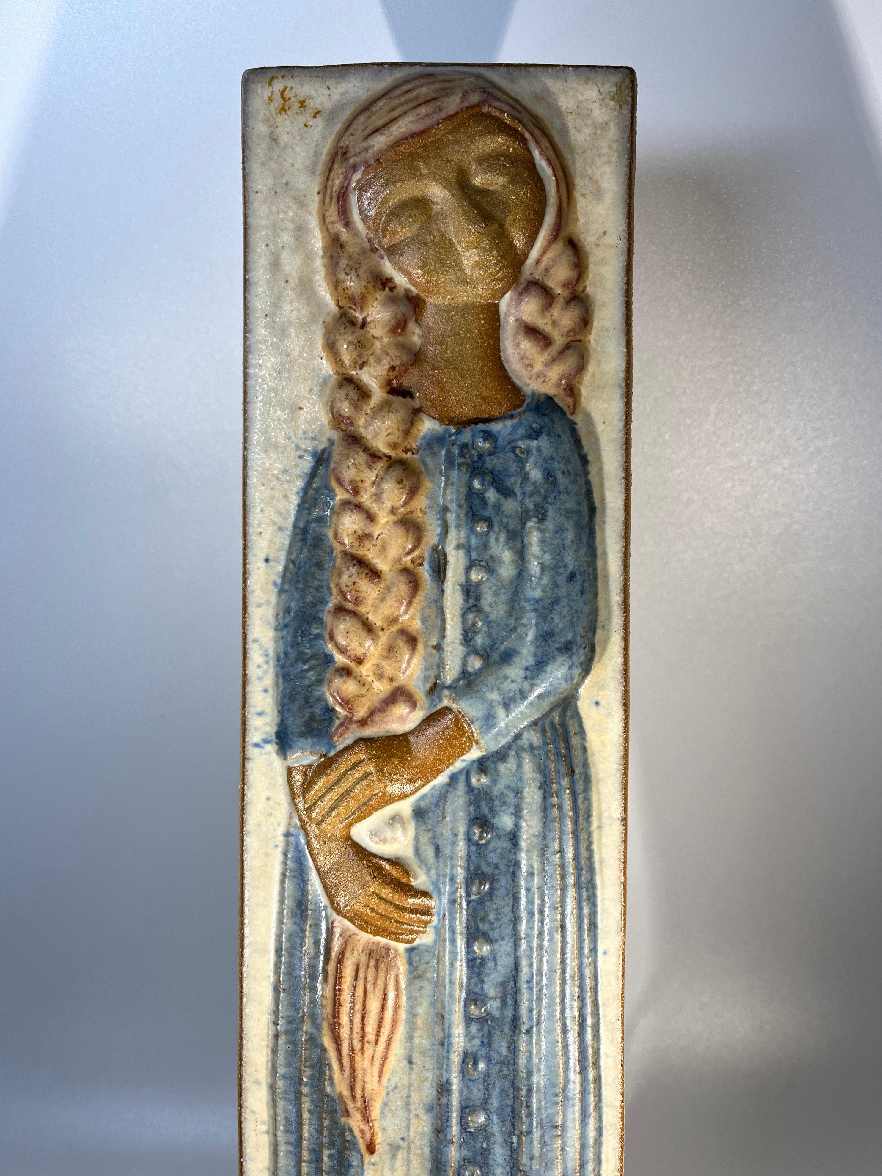 Glazed Girl With Braid By Marianne Starck For Michael Andersen. Danish Wall Plaque For Sale