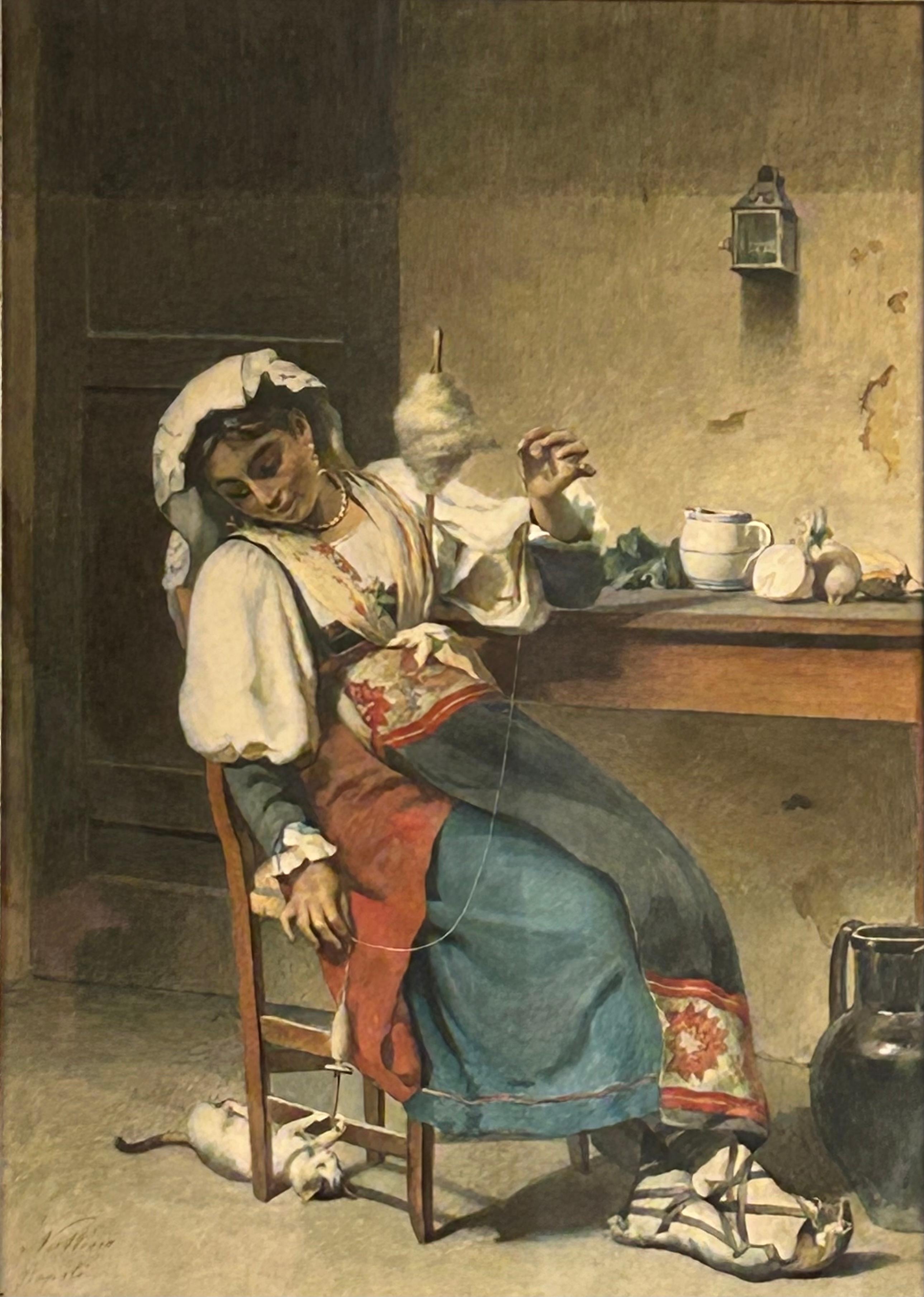Pintura de una mujer italiana haciendo hilo, jugando con un gato. Finales del siglo XIX o principios del XX Acuarela sobre papel. Firmado (Girolamo) Nattino, Nápoles. Bien enmarcado y listo para colgar. Etiqueta de papel en el reverso de la Galería