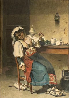 Girl with Cat Girolamo Nattino 1842-1913 Watercolor