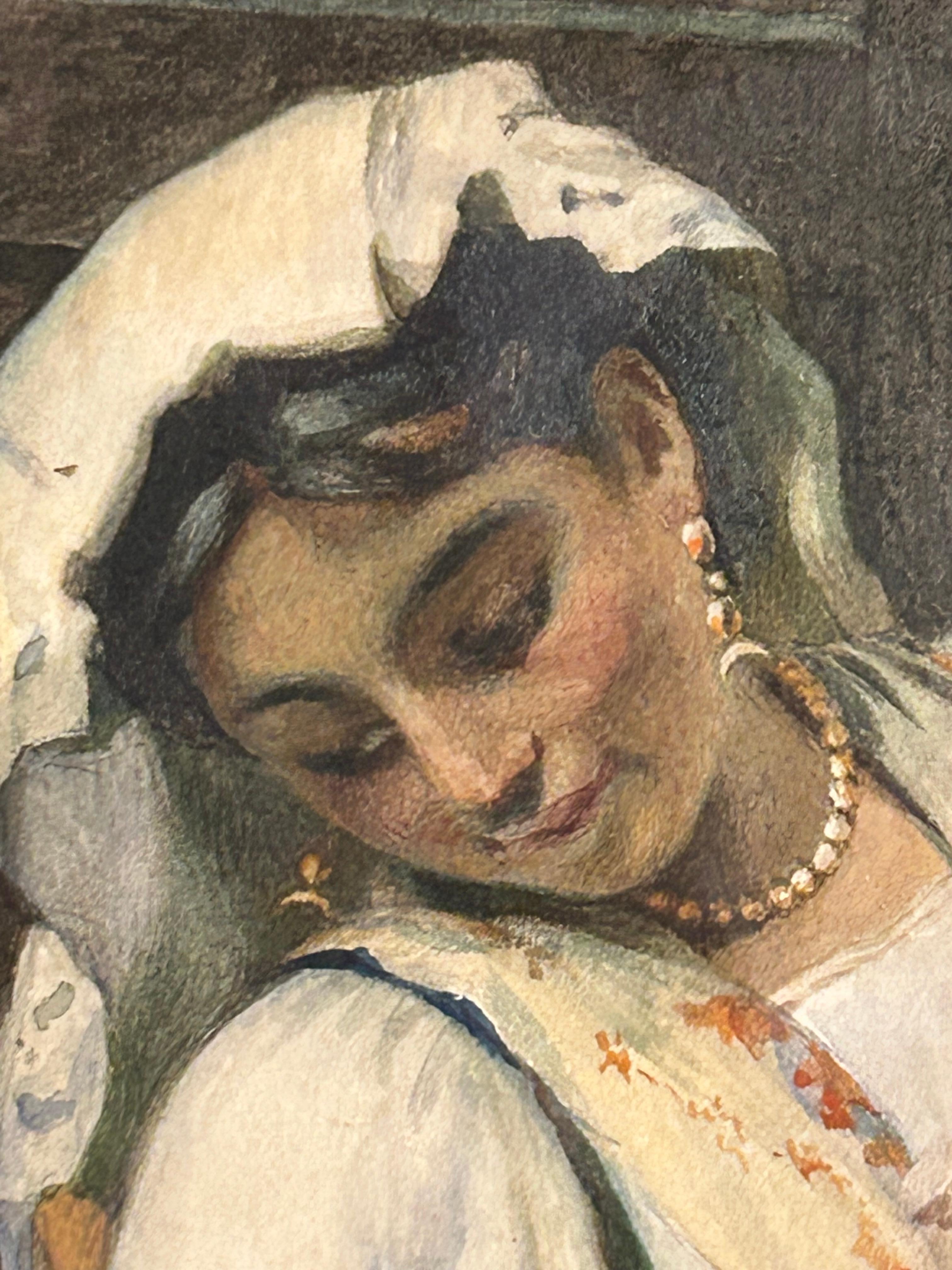 Mädchen mit Katze Girolamo Nattino 1842-1913 Aquarell im Zustand „Gut“ im Angebot in Woodbury, CT