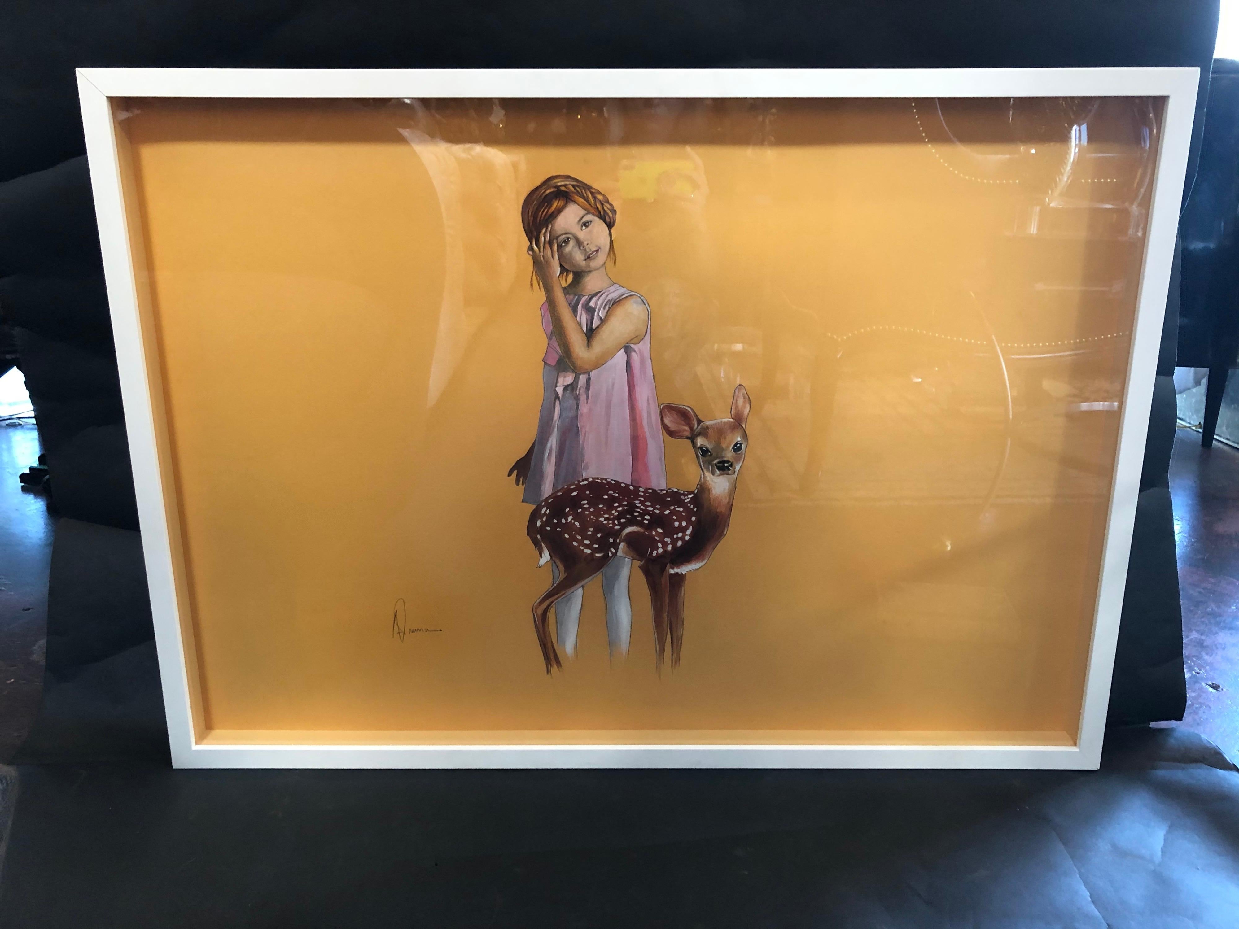Girl with Fawn from the series the children and wildlife by Andres Pruna. Oil on yellow paper.