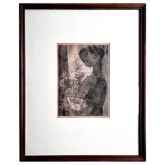 Druck „Mädchen mit Blumen“ von Hilde Weingarten, um 1960