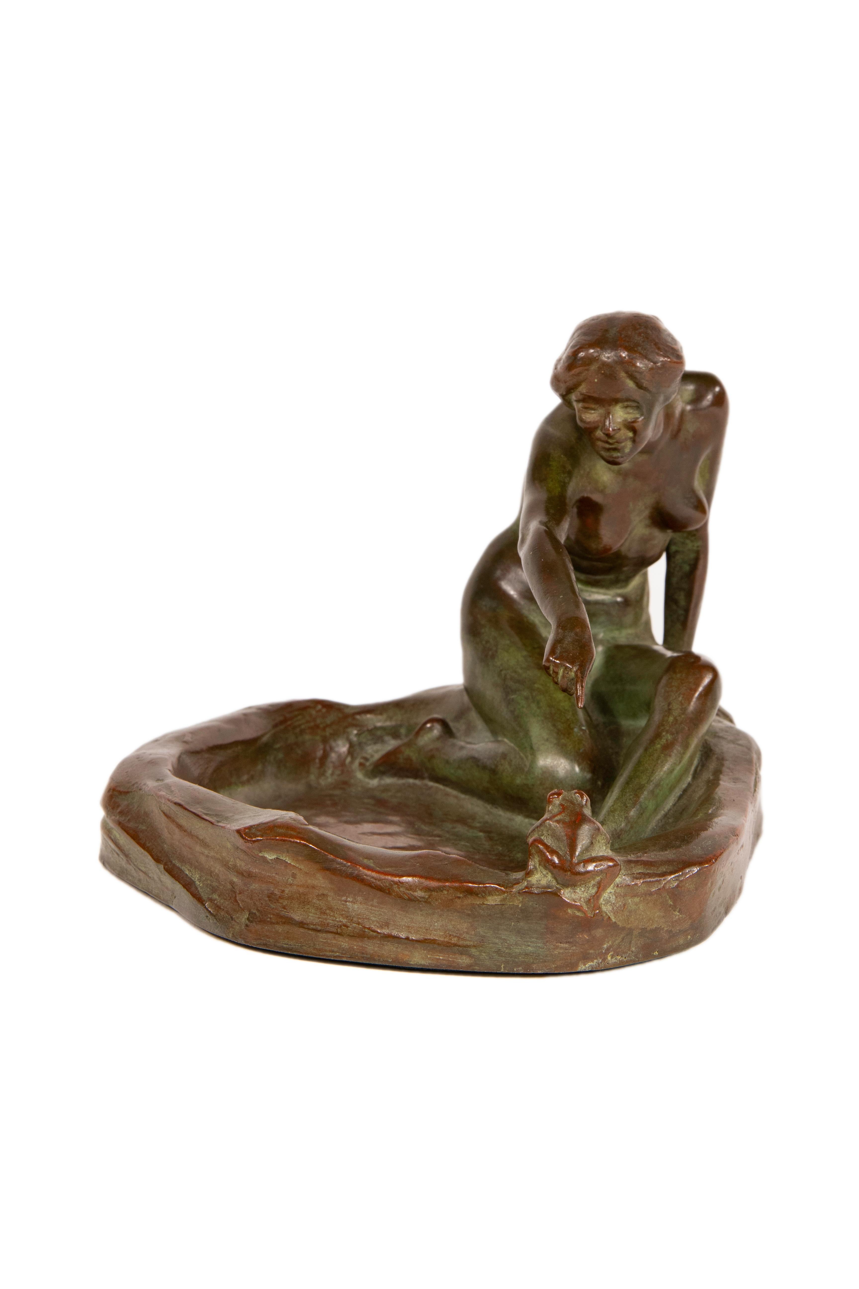Patinated Girl with Frog American Art Nouveau Sculpture by, Harriet Whitney Frishmuth