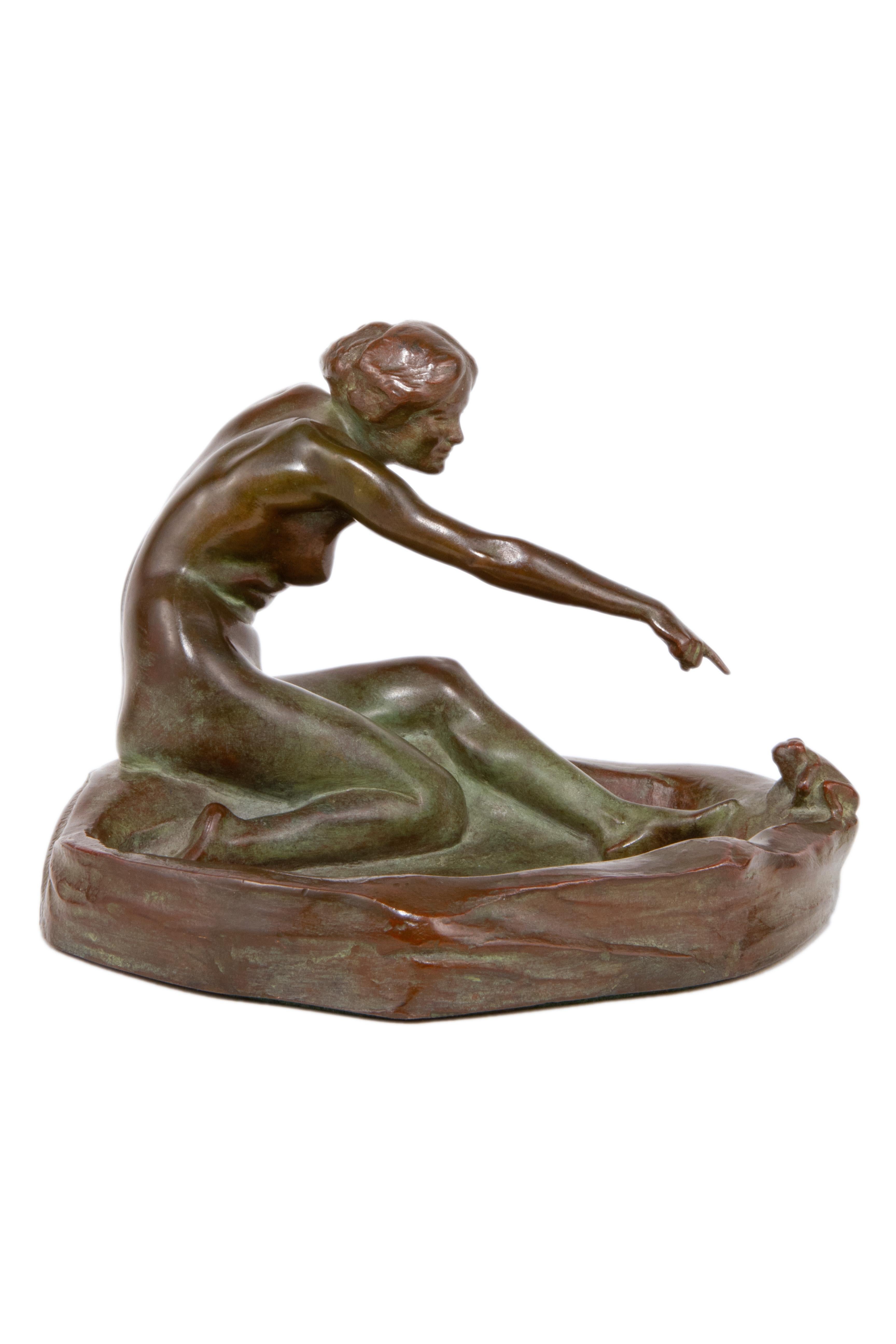 Girl with Frog American Art Nouveau Sculpture by, Harriet Whitney Frishmuth In Good Condition In Englewood, NJ