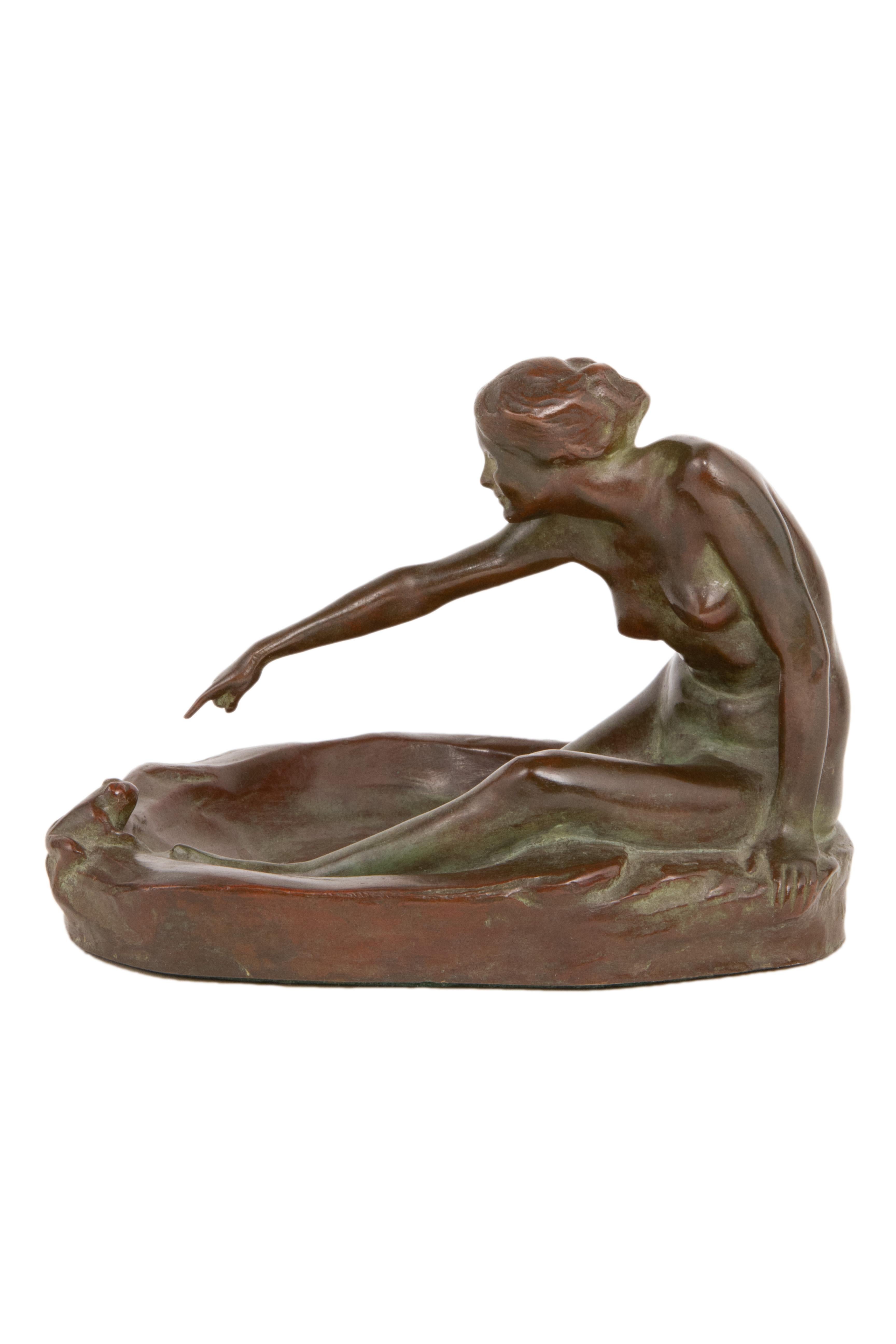 Bronze Girl with Frog American Art Nouveau Sculpture by, Harriet Whitney Frishmuth