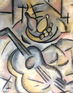 "Girl with Guitar" Cubist Painting by Pierre Favier