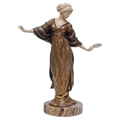 Girl with Mirror Sculpture by Paul Philippe, Bronze on Onyx Base